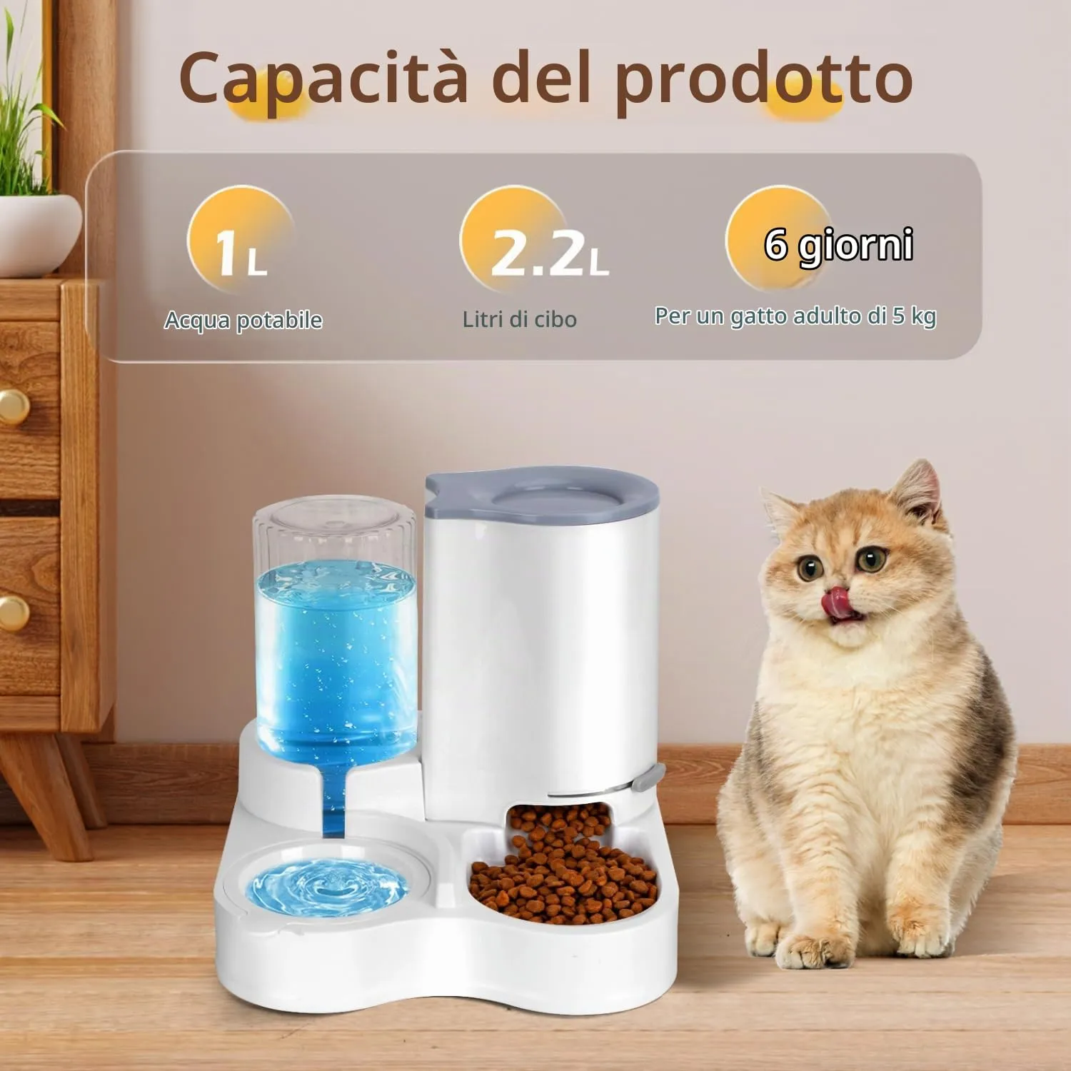 Nobleza Distributore per Gatti 2 in 1 con Fontana - Dispenser gravità Cibo 2.2L e Acqua 1L, Igienico Salvaspazio, Senza Elettricità, Design Moderno (Grigio) - immagine 3