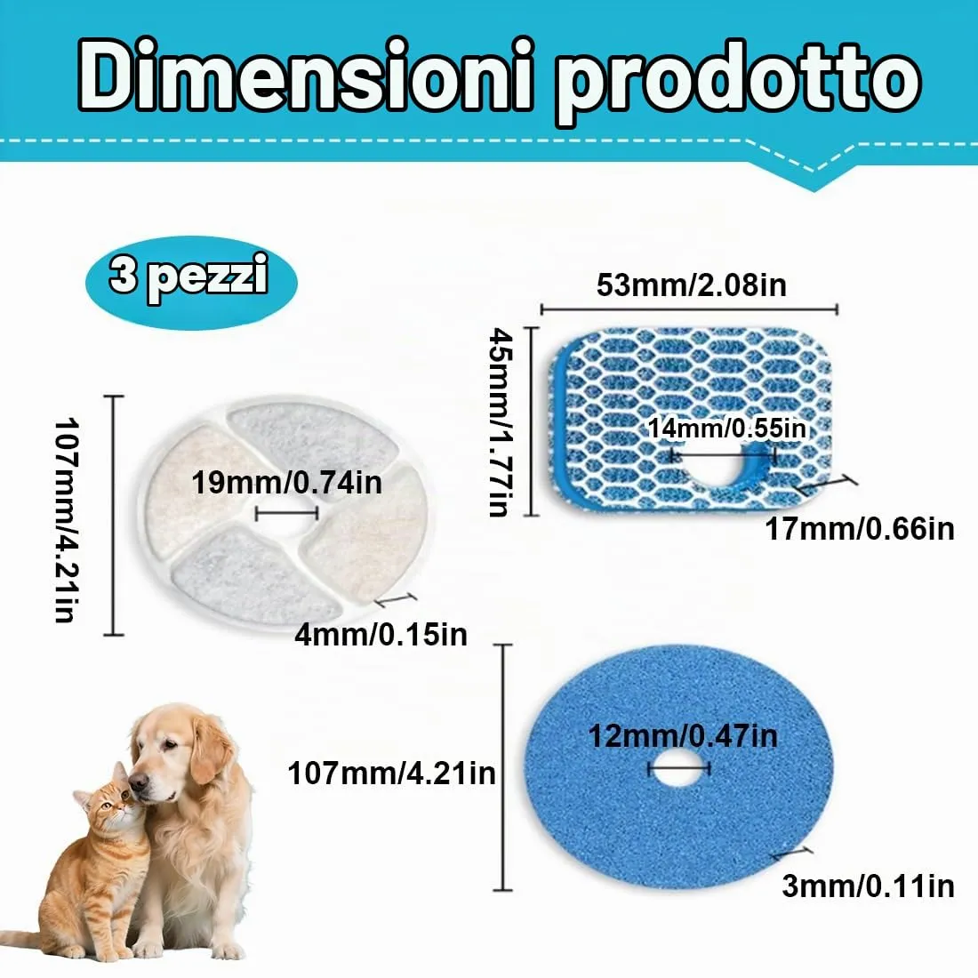3 Pezzi Filtri di Ricambio per Fontanella per Gatti Modello WF120, Cartucce Filtro a 3 Stadi con Carbone Attivo, Sistema di Filtrazione per Acqua Fresca e Pura - immagine 2