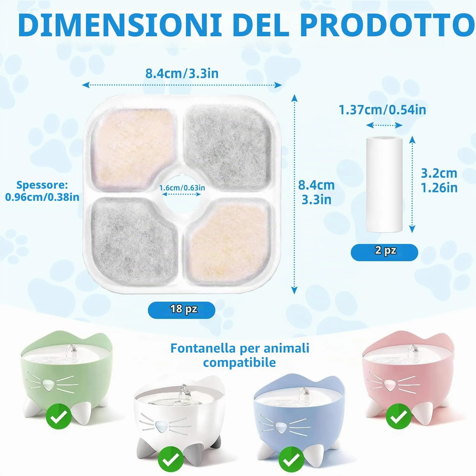 Soodyoow 18 Pezzi Filtri Fontanella per Gatti e 2 tubi per Fontanella per Cat Pixi, Filtri Fontana Gatto è composto da carbone attivo, resina a scambio ionico e tessuto non tessuto - immagine 2