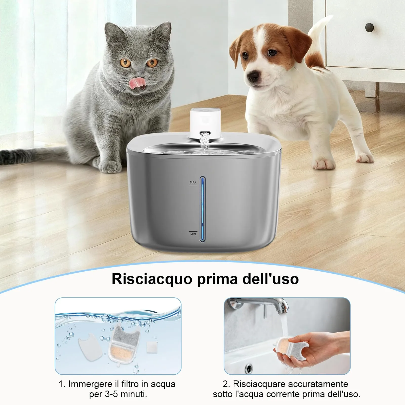 Confezione da 24 filtri di ricambio per fontana per gatti - 12 filtri + 12 filtri in schiuma con resina e carbone attivo - Per fontana per gatti da 4 l - Senza fili con sensore di movimento - immagine 5
