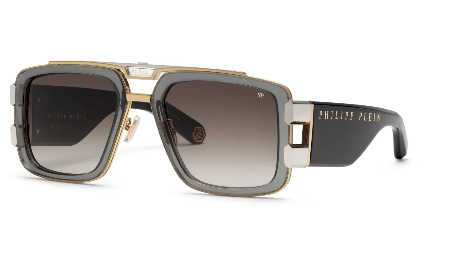 Philipp Plein SPP128M PLEIN EAGLE 340 Occhiali da sole Metallo Oro Fumo Squadrata Normale Sfumato - immagine 1