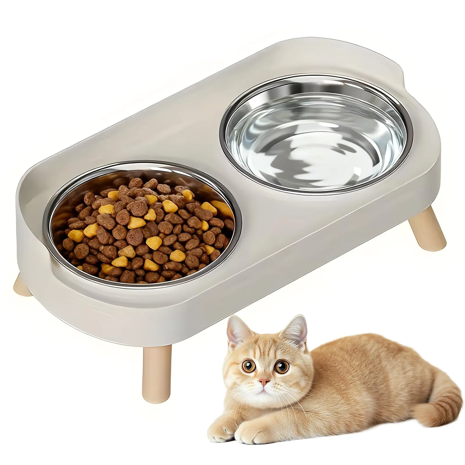 Set di 2 ciotole per gatti, set di ciotole rialzate per gatti, in acciaio inox, doppie ciotole per gatti con supporto e paraspruzzi, ciotola per alimentazione antiscivolo, ciotola per gatti - immagine 1