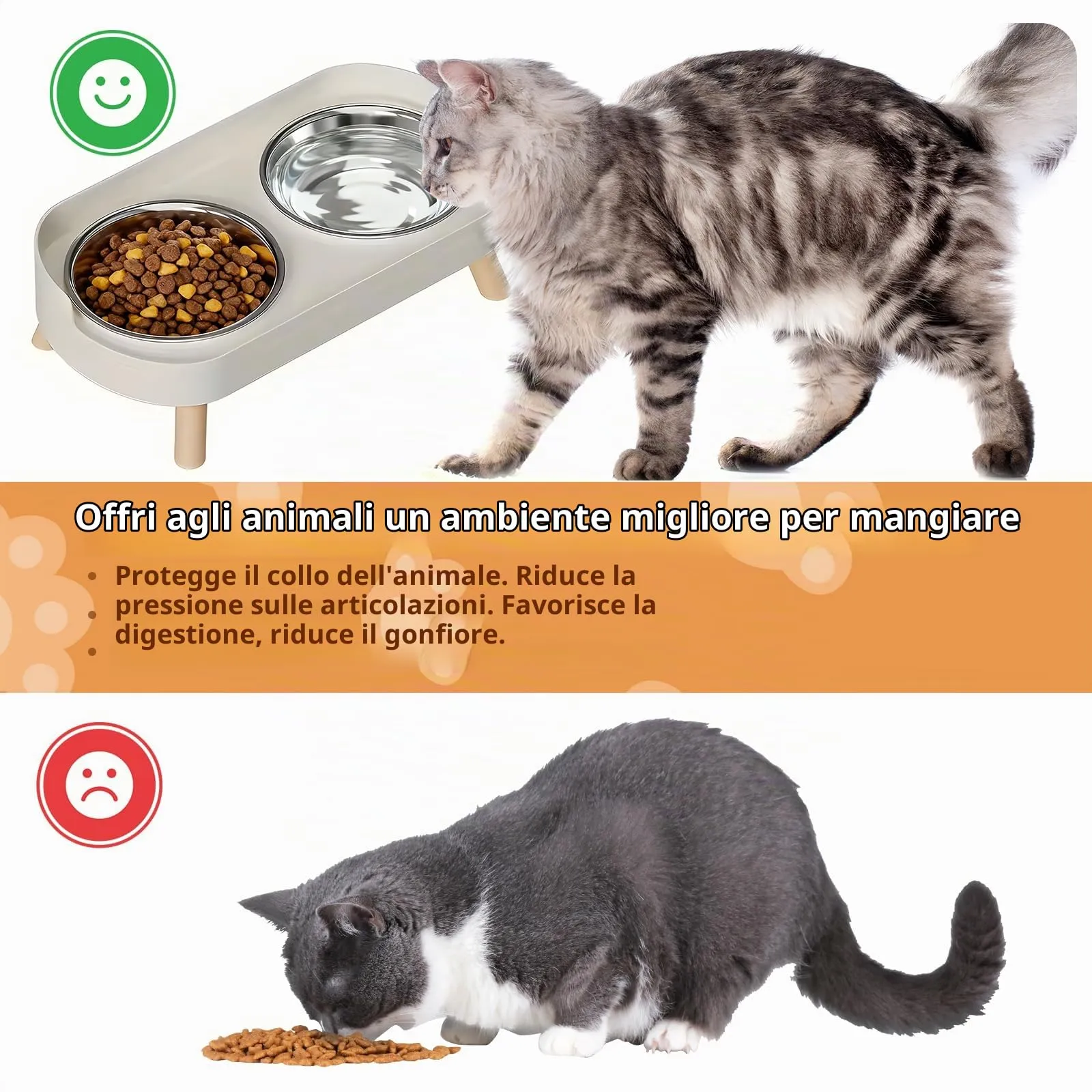 Set di 2 ciotole per gatti, set di ciotole rialzate per gatti, in acciaio inox, doppie ciotole per gatti con supporto e paraspruzzi, ciotola per alimentazione antiscivolo, ciotola per gatti - immagine 3