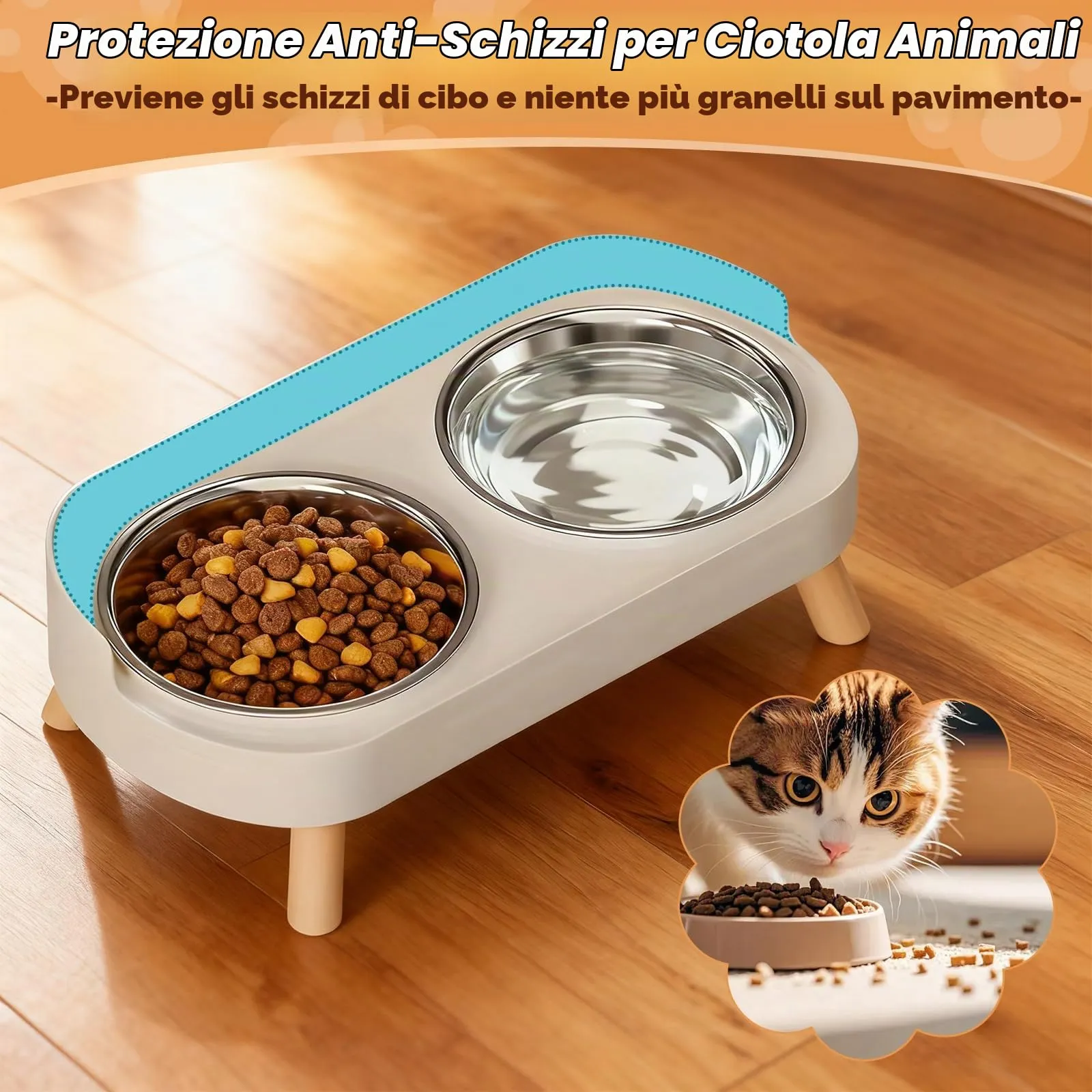 Set di 2 ciotole per gatti, set di ciotole rialzate per gatti, in acciaio inox, doppie ciotole per gatti con supporto e paraspruzzi, ciotola per alimentazione antiscivolo, ciotola per gatti - immagine 4