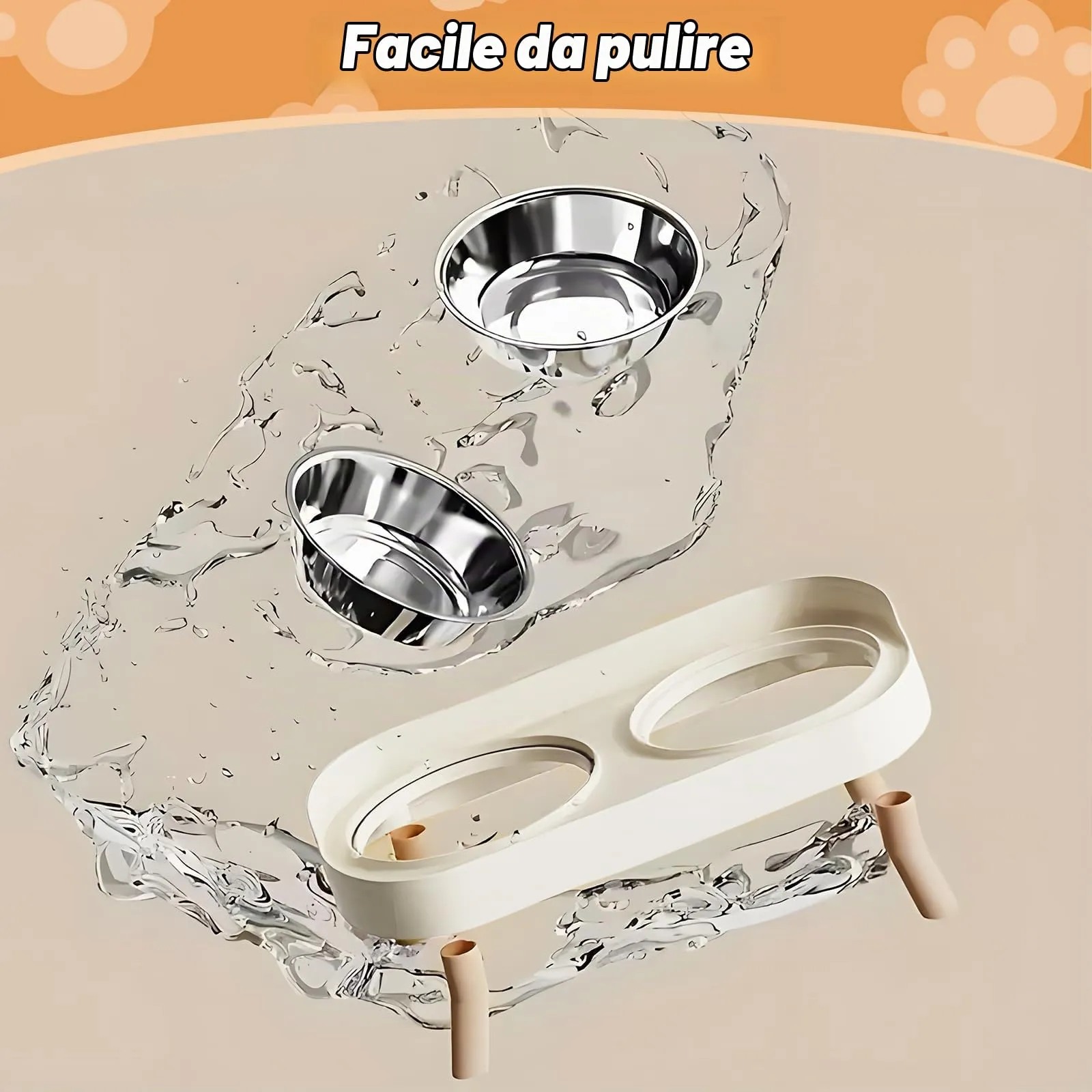 Set di 2 ciotole per gatti, set di ciotole rialzate per gatti, in acciaio inox, doppie ciotole per gatti con supporto e paraspruzzi, ciotola per alimentazione antiscivolo, ciotola per gatti - immagine 5