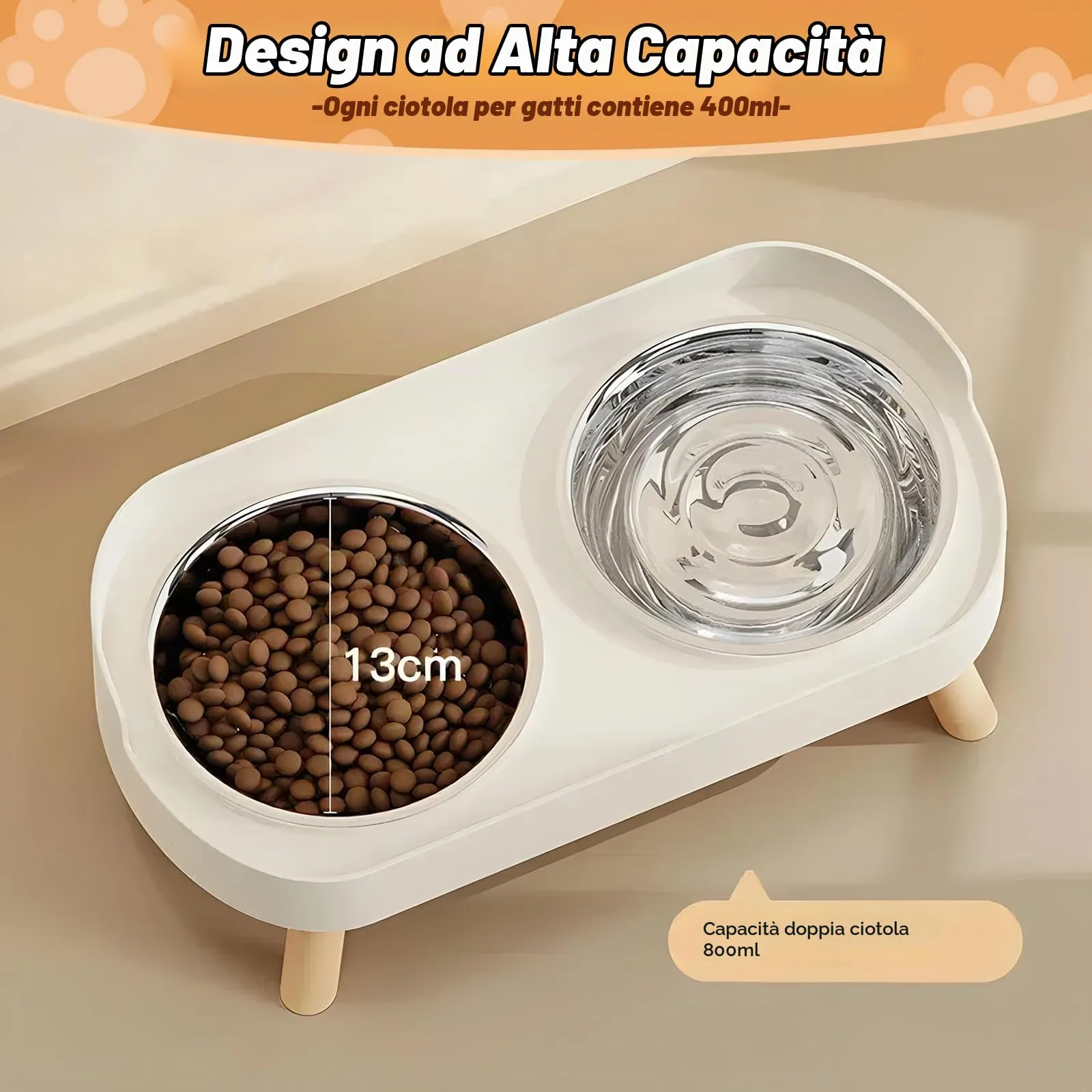 Set di 2 ciotole per gatti, set di ciotole rialzate per gatti, in acciaio inox, doppie ciotole per gatti con supporto e paraspruzzi, ciotola per alimentazione antiscivolo, ciotola per gatti - immagine 6