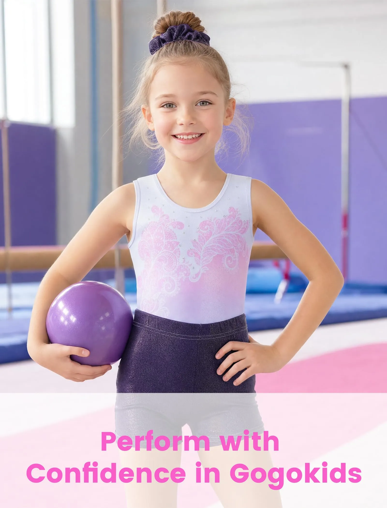 Gogokids Set da ginnastica per bambina, 3 pezzi, scollo a Y, senza maniche, con pantaloncini e fascia, abbigliamento da ginnastica danzante, con motivo blocchi di colore blu e viola, 3-12 anni - immagine 3