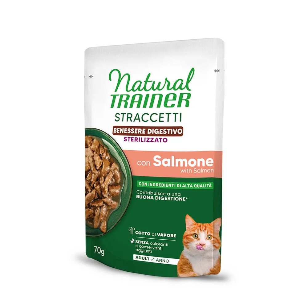 Natural Trainer Benessere Digestivo - Cibo umido per gatti adulti sterilizzati - Straccetti con Salmone - 28 bustine da 70g - immagine 2