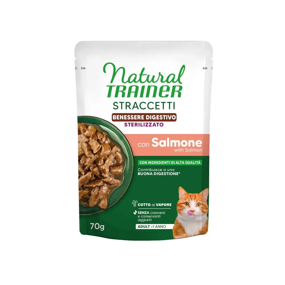 Natural Trainer Benessere Digestivo - Cibo umido per gatti adulti sterilizzati - Straccetti con Salmone - 28 bustine da 70g - immagine 3