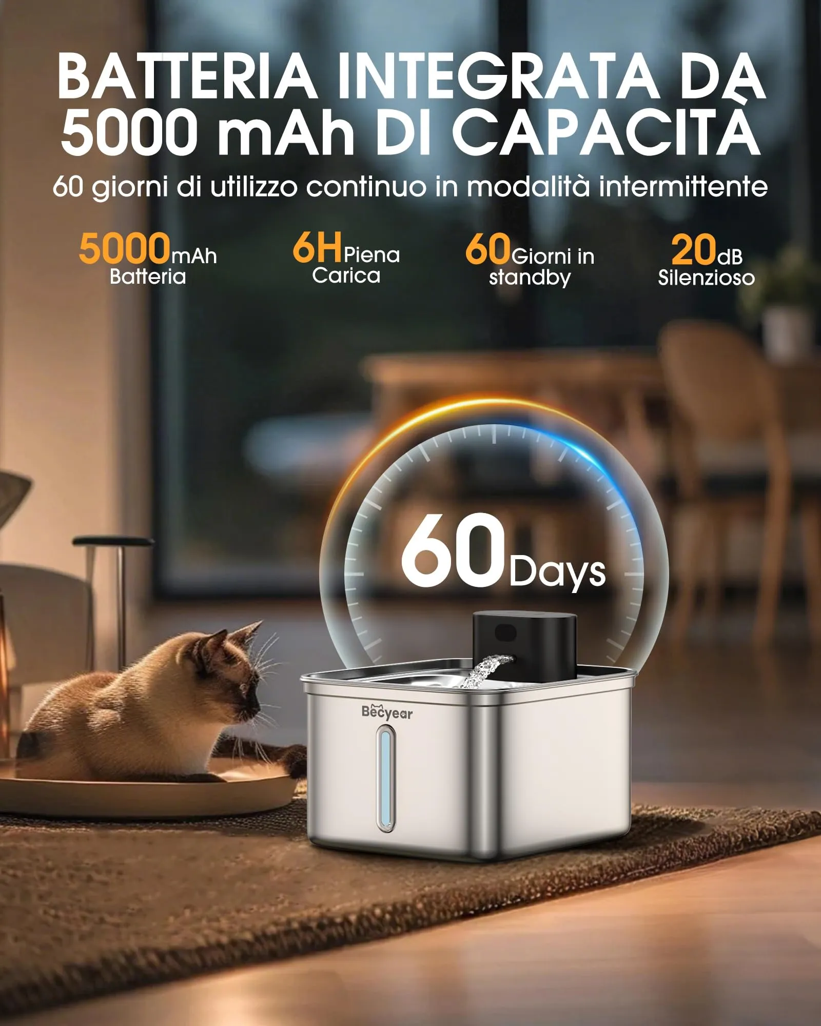 Fontanella per Gatti Senza Fili, 3.5L Fontanella Gatti Acciaio Inox - immagine 4