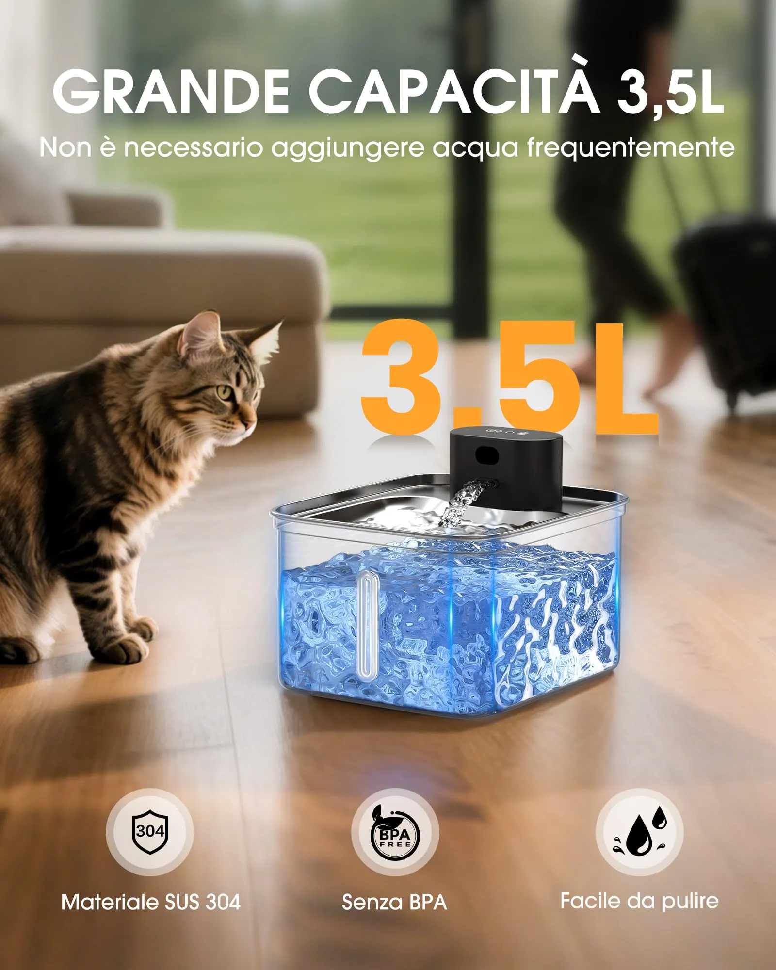 Fontanella per Gatti Senza Fili, 3.5L Fontanella Gatti Acciaio Inox - immagine 5
