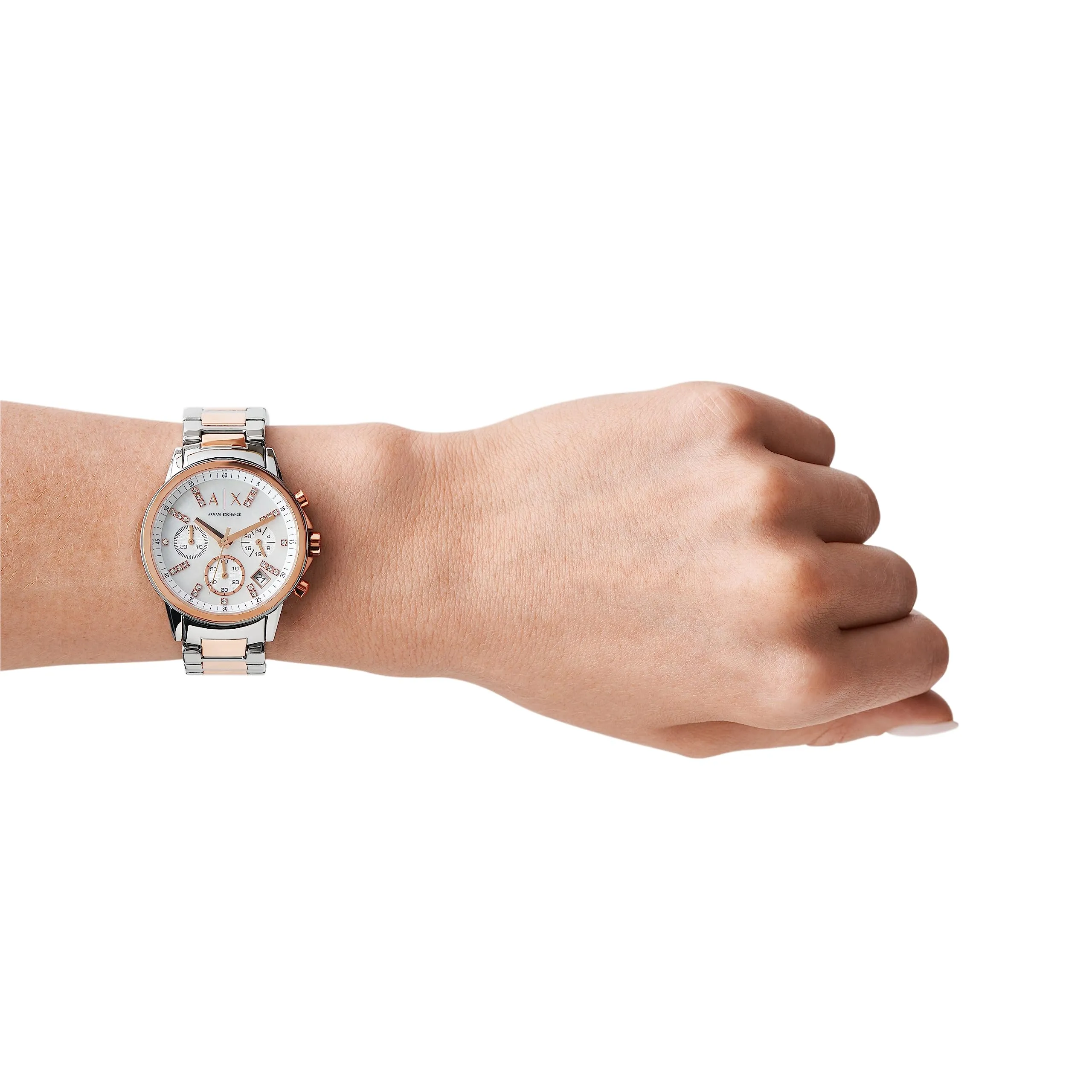 Armani Exchange Orologio da donna, cronografo al quarzo, cassa in acciaio inossidabile da 36 mm, 2t/rosa con bracciale in acciaio inossidabile, AX4331, Tono argento e tono oro rosa - immagine 4