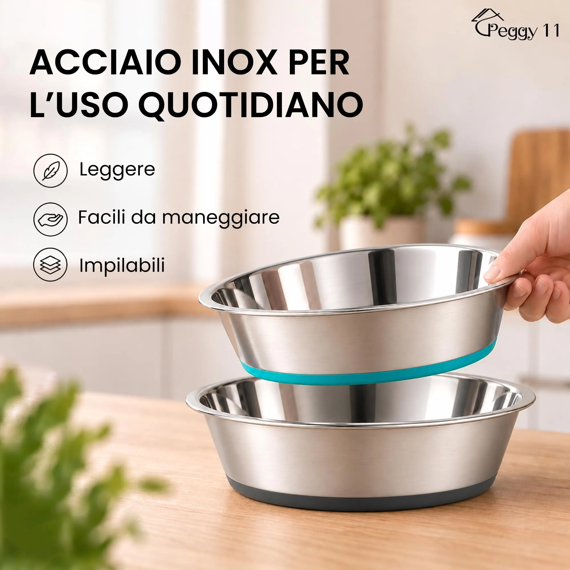 PEGGY11 Ciotole per Cani e Gatti in Acciaio Inox, 1440 ml, Set da 2 - immagine 4