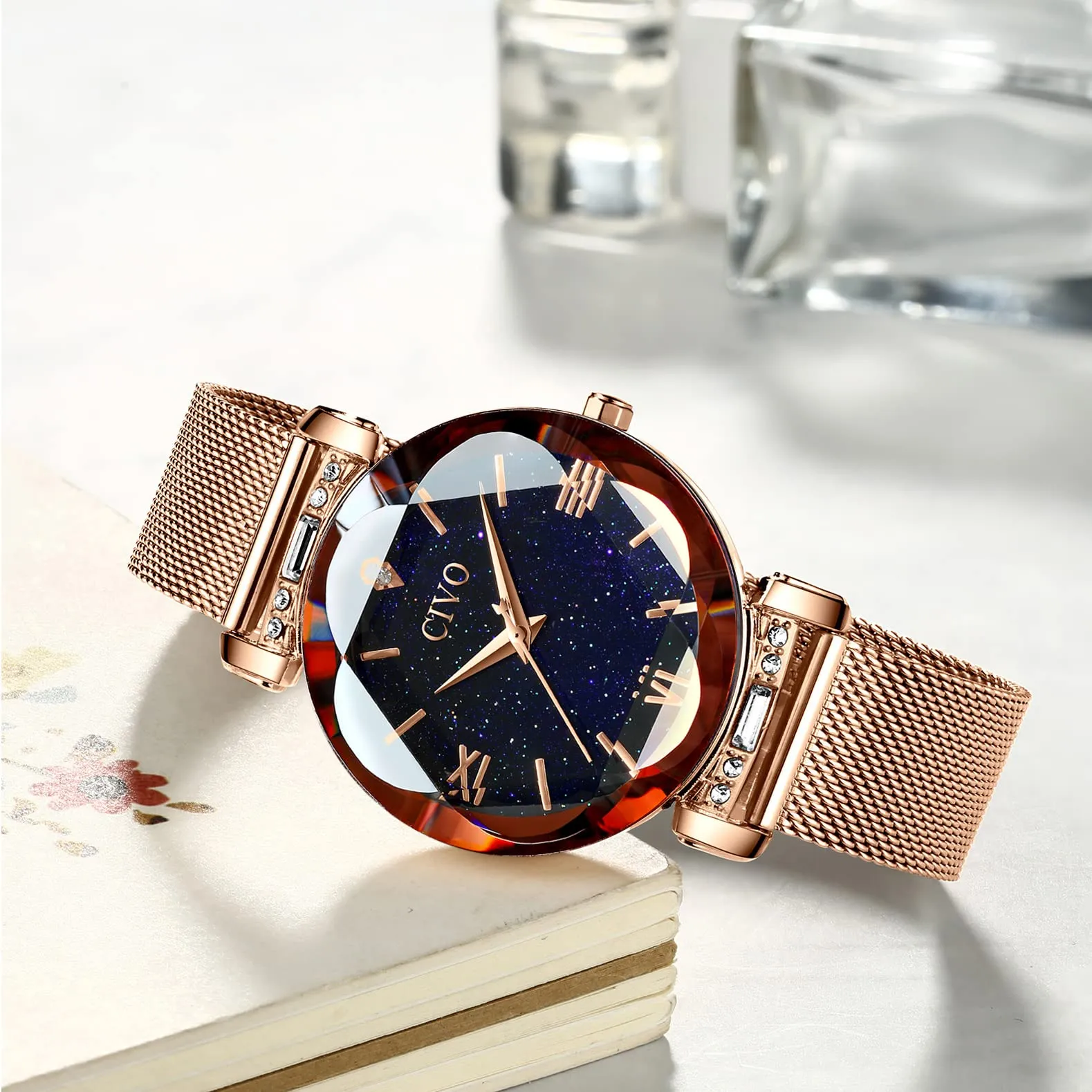 CIVO Orologio Donna Oro Rosa Orologio da Polso Donna Impermeabile in Maglia Acciaio Inossidabile Analogico Elegante Design Cielo Stellato - immagine 3