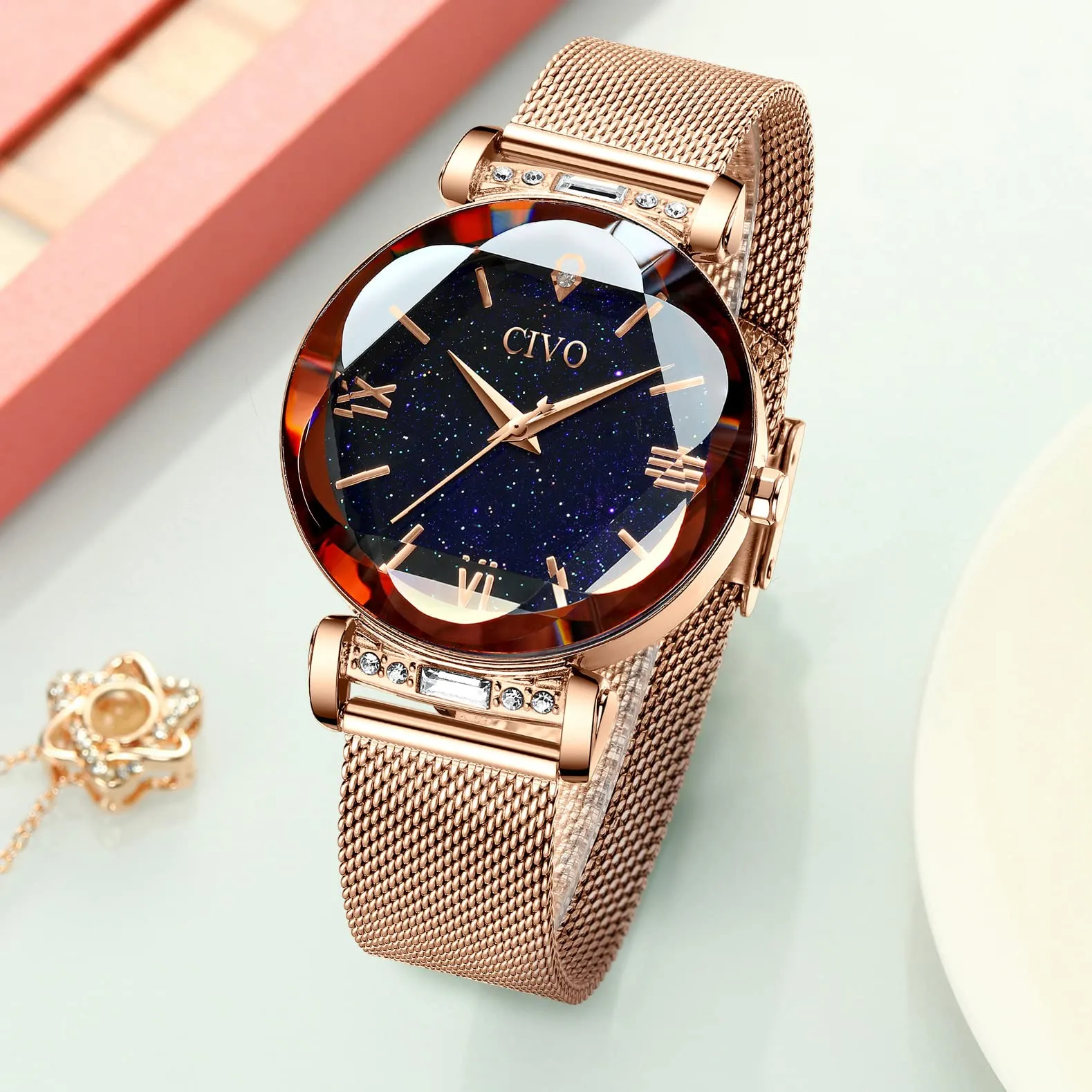 CIVO Orologio Donna Oro Rosa Orologio da Polso Donna Impermeabile in Maglia Acciaio Inossidabile Analogico Elegante Design Cielo Stellato - immagine 4