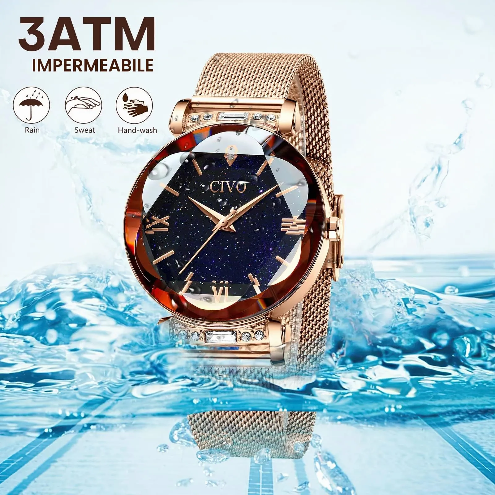 CIVO Orologio Donna Oro Rosa Orologio da Polso Donna Impermeabile in Maglia Acciaio Inossidabile Analogico Elegante Design Cielo Stellato - immagine 5