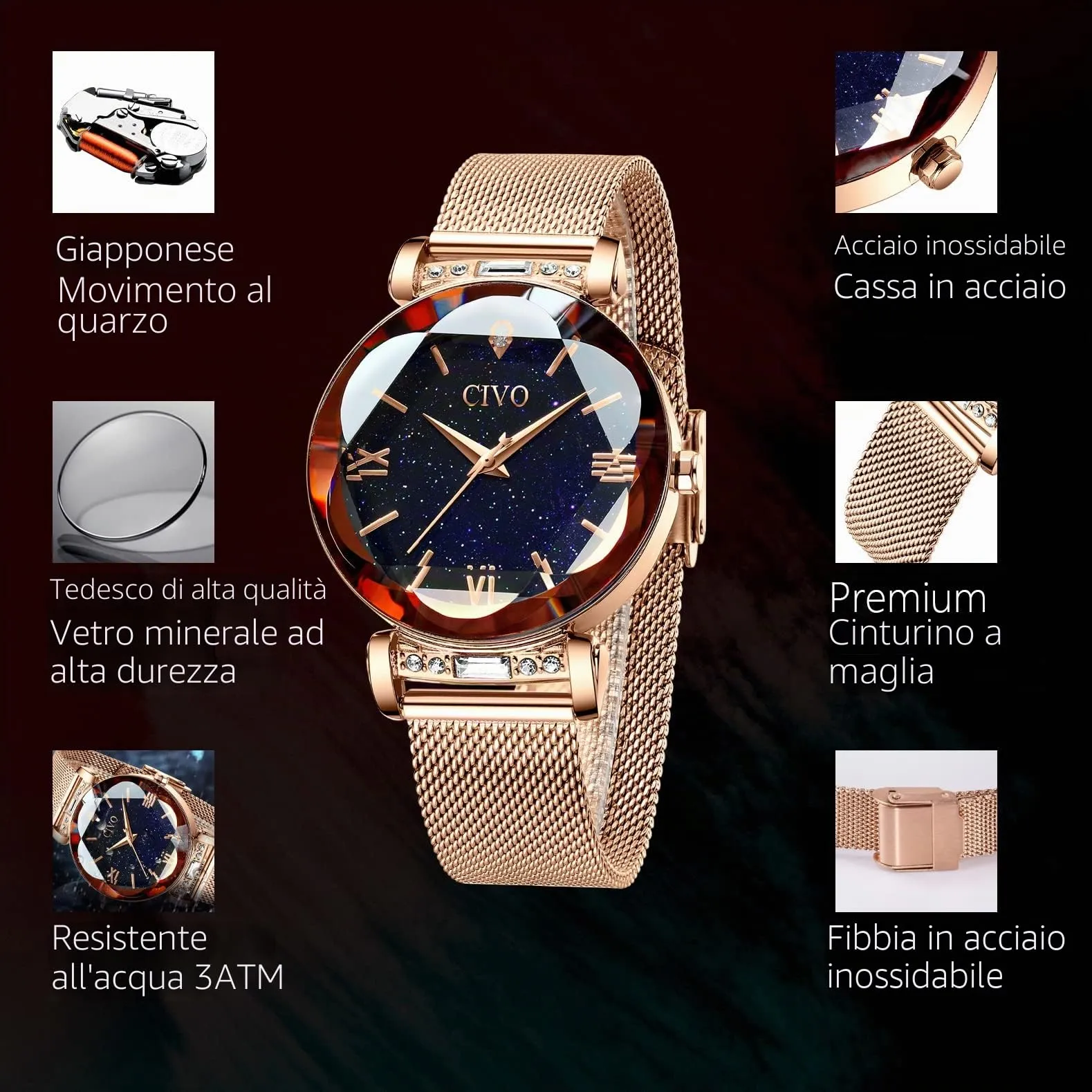 CIVO Orologio Donna Oro Rosa Orologio da Polso Donna Impermeabile in Maglia Acciaio Inossidabile Analogico Elegante Design Cielo Stellato - immagine 7