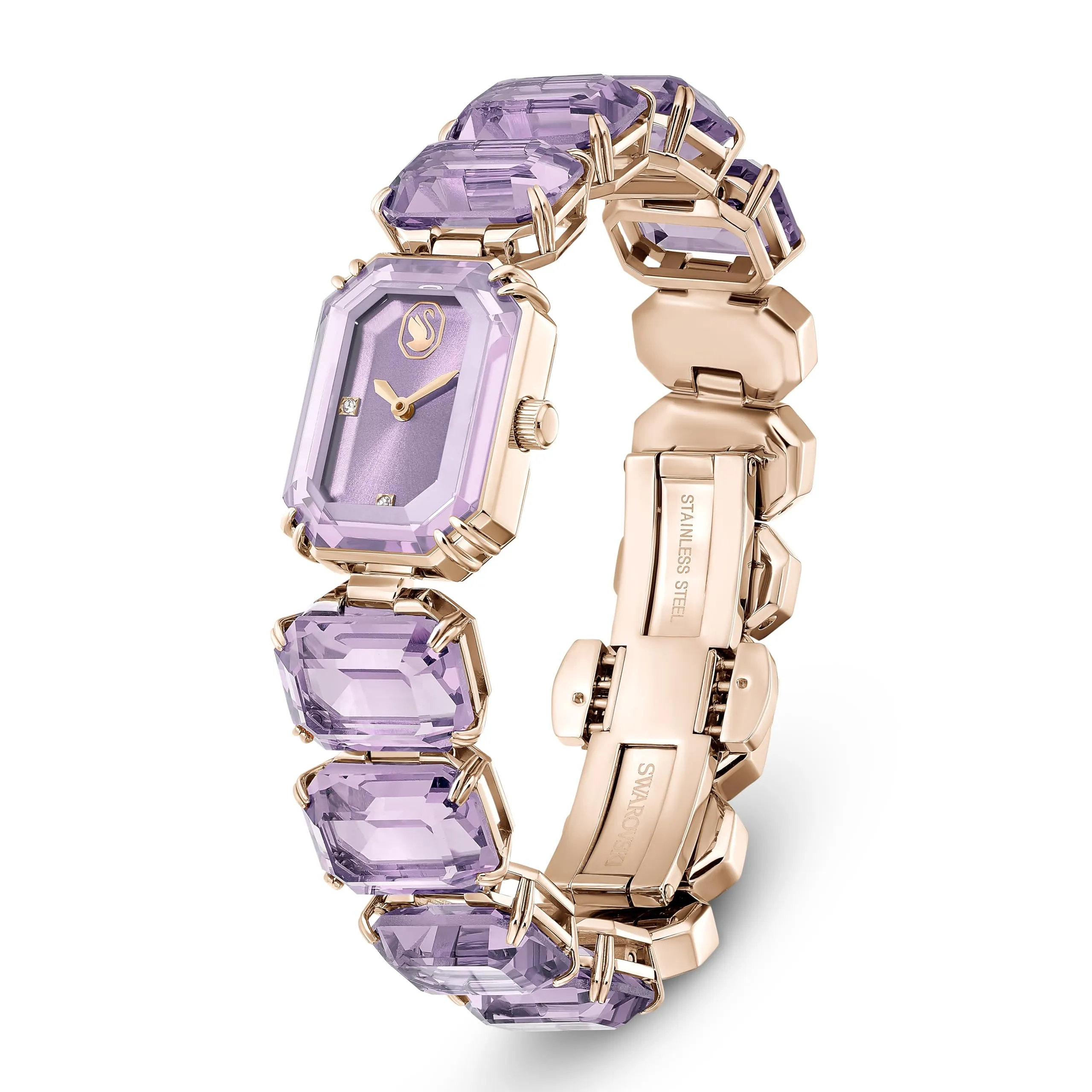 Swarovski Orologio, con Cristalli Viola, Taglio Octagon, Meccanismo al Quarzo, Impermeabile Fino a 50 m, Placcatura in Tonalità Champagne Dorato, 23 x 17 mm, 8 mm, 12,5-19 cm, 1,4 cm - immagine 2