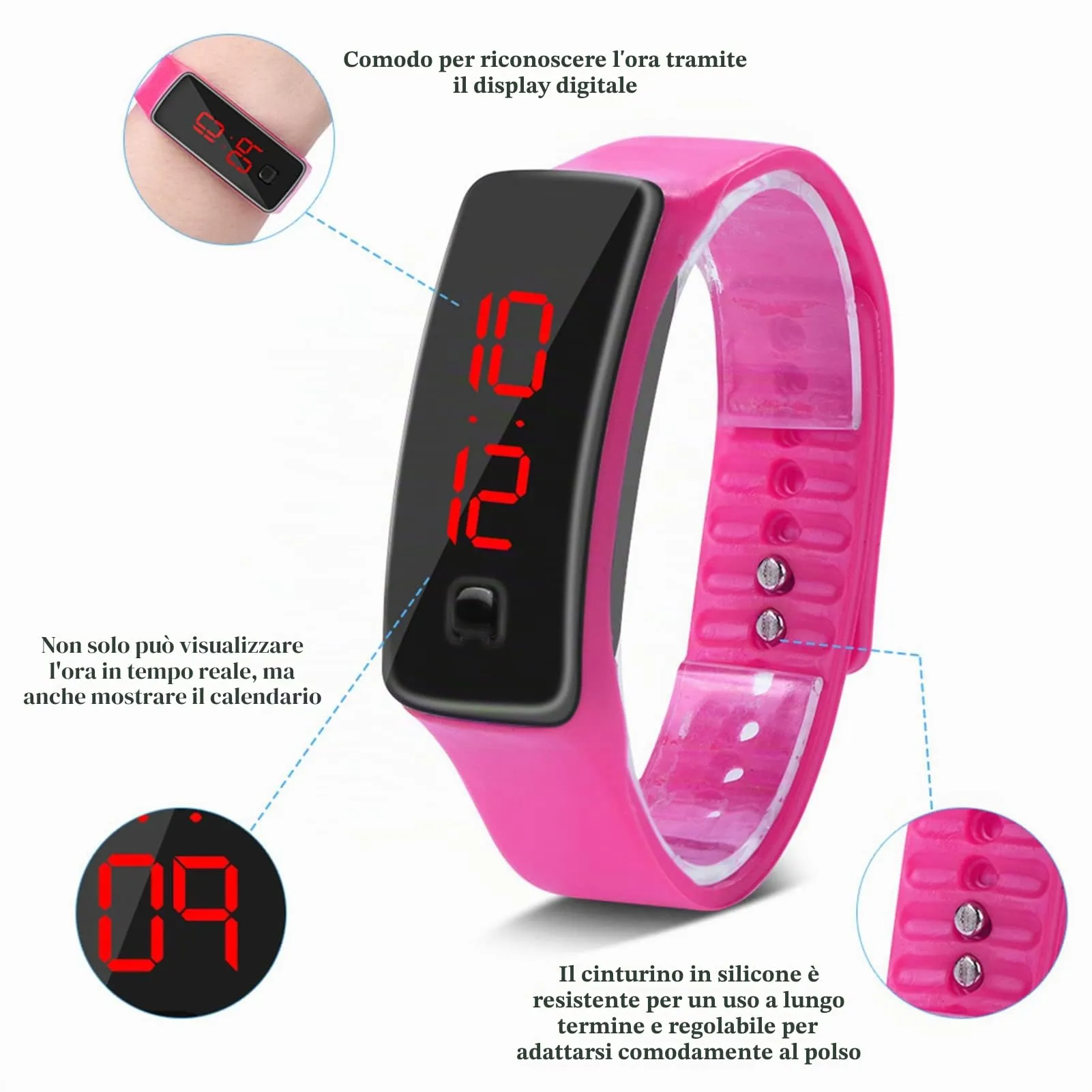 LED Orologio Digitale da Donna, Cinturino in Silicone Orologio Sportivo Digitale Quadrante 12 Ore Display Elettronico Orologio da Polso per Uomo Donna Ragazzi Studenti (Rosa) - immagine 7