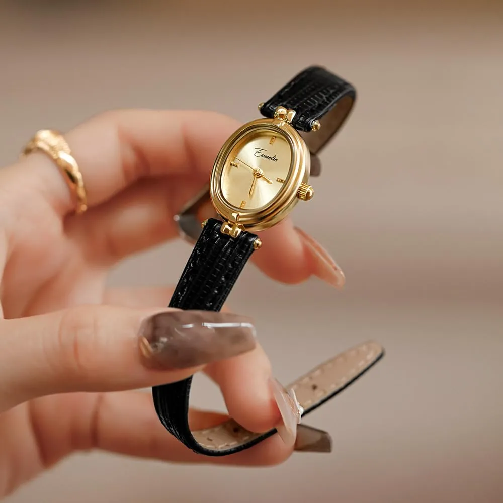 Orologio da polso da donna, alla moda, piccolo, ovale, al quarzo, vintage, con cinturino in pelle, impermeabile, di lusso, casual, marrone, nero, Nero, Moda, Vintage, Lusso - immagine 2
