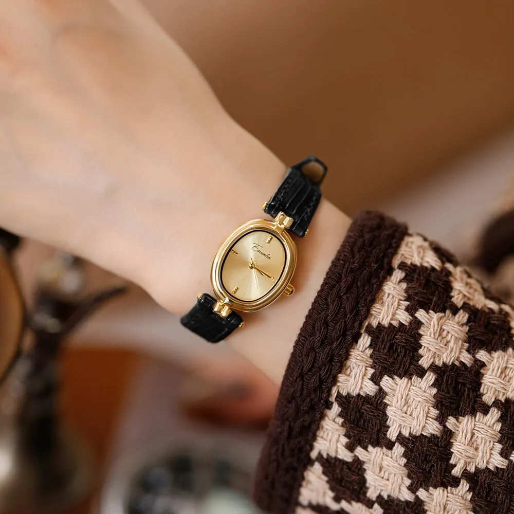 Orologio da polso da donna, alla moda, piccolo, ovale, al quarzo, vintage, con cinturino in pelle, impermeabile, di lusso, casual, marrone, nero, Nero, Moda, Vintage, Lusso - immagine 3