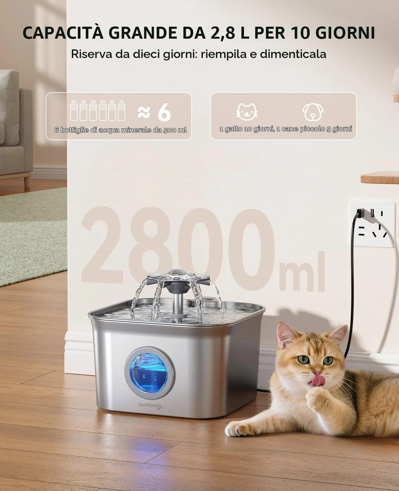 FEELNEEDY 2,8L Fontanella per Gatti Acciaio con 3 Filtri - immagine 2