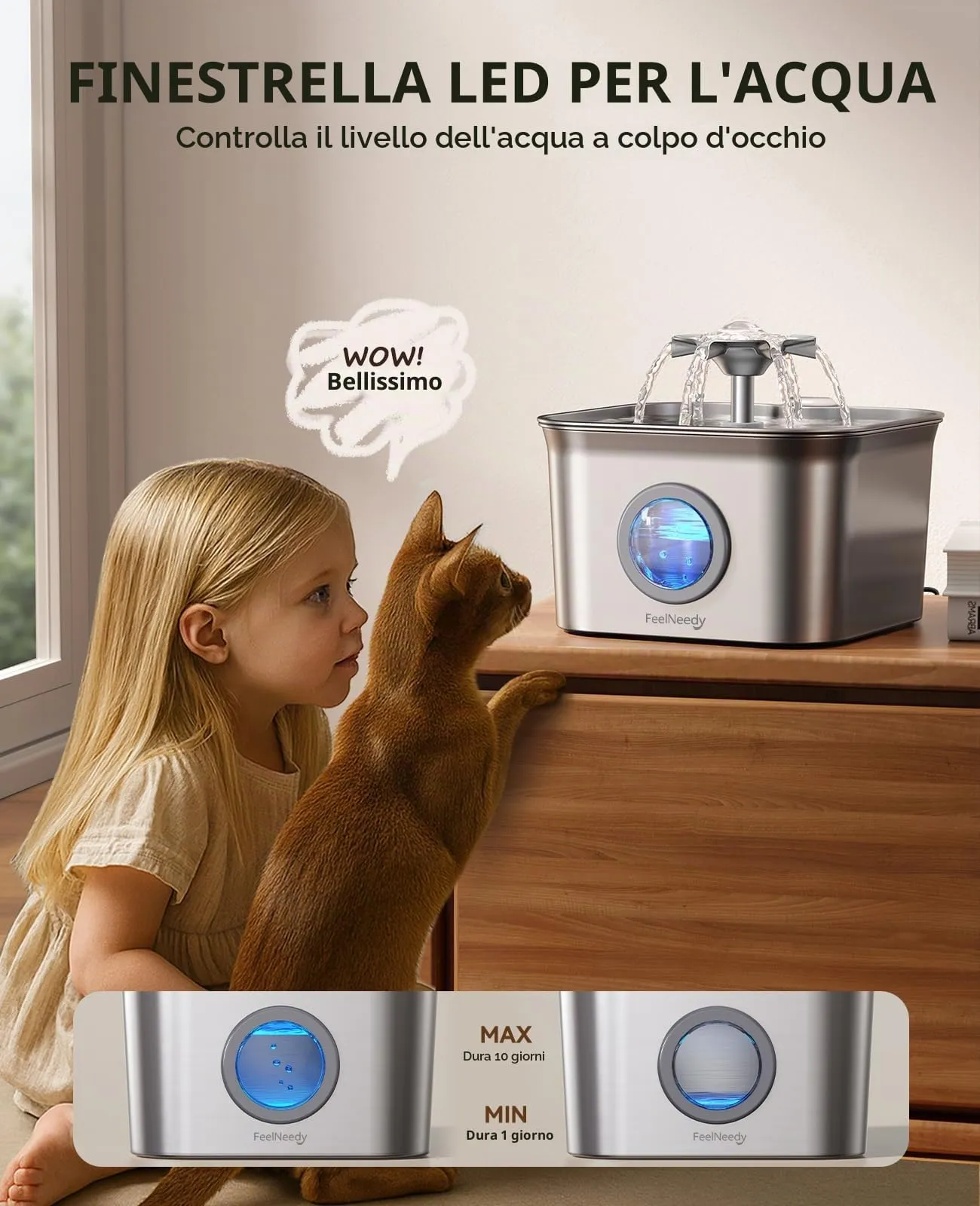 FEELNEEDY 2,8L Fontanella per Gatti Acciaio con 3 Filtri - immagine 7