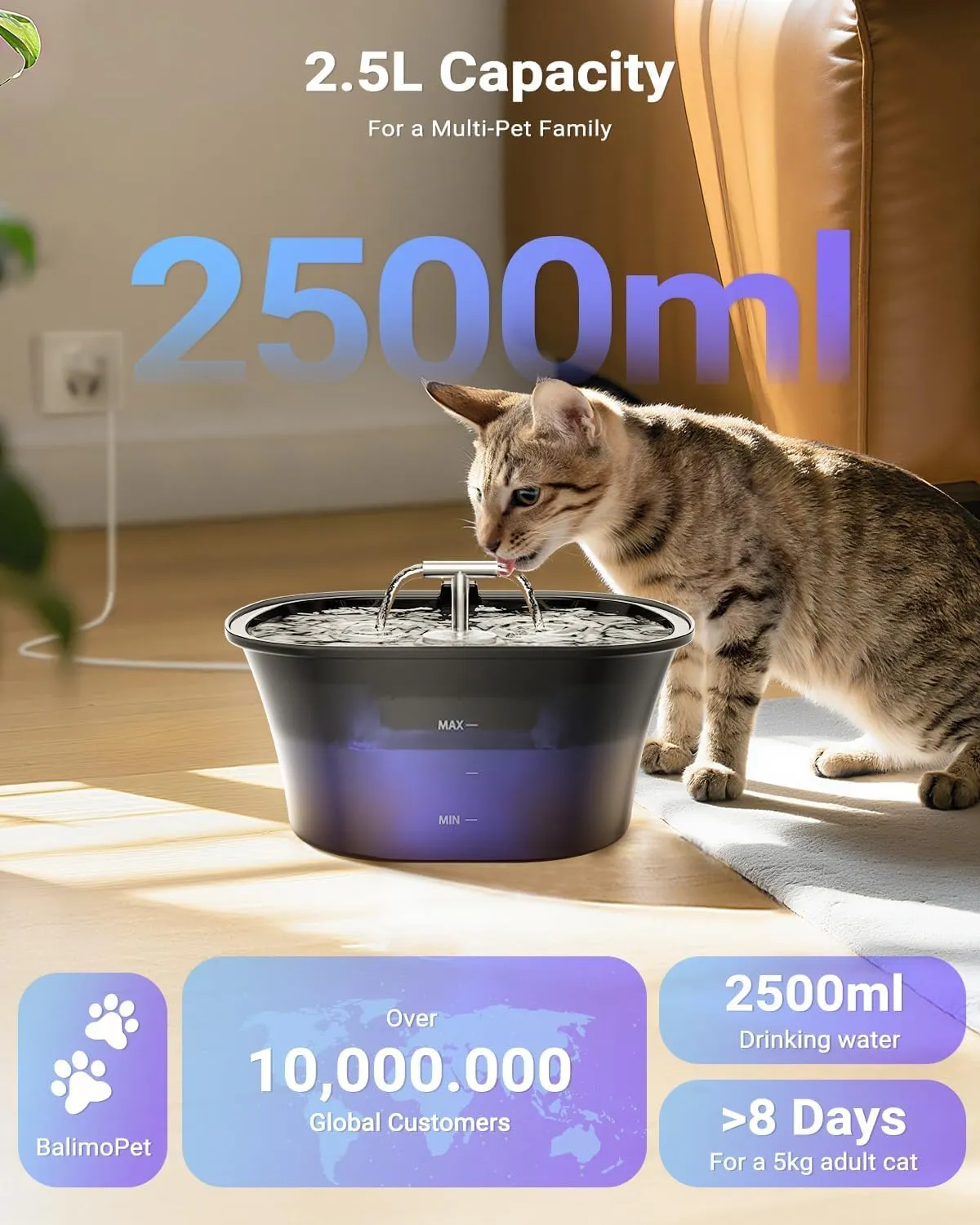 BalimoPet Fontanella per Gatti, Fontana per Gatti 2,5L, Fontanella per Cani Ultra Silenziosa con LED Integrato e Filtro a Carbone Attivo, Facile da Pulire, Design a Doppio Flusso - immagine 2
