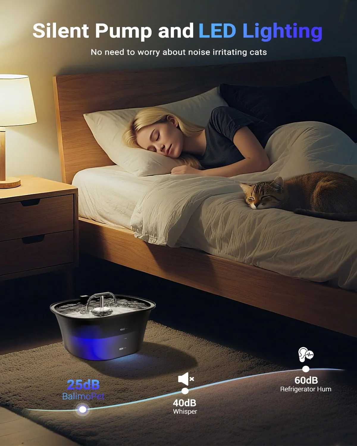 BalimoPet Fontanella per Gatti, Fontana per Gatti 2,5L, Fontanella per Cani Ultra Silenziosa con LED Integrato e Filtro a Carbone Attivo, Facile da Pulire, Design a Doppio Flusso - immagine 3