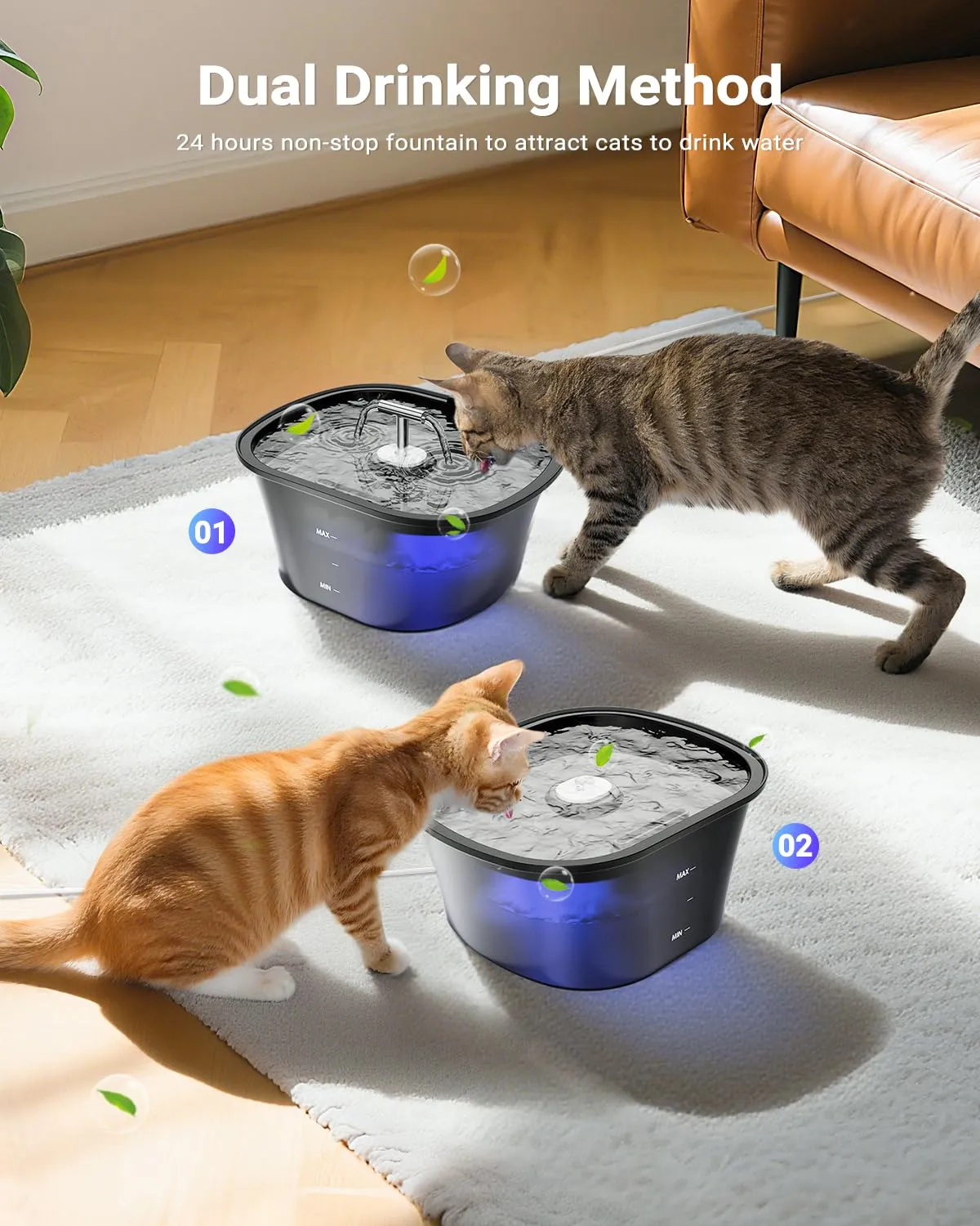 BalimoPet Fontanella per Gatti, Fontana per Gatti 2,5L, Fontanella per Cani Ultra Silenziosa con LED Integrato e Filtro a Carbone Attivo, Facile da Pulire, Design a Doppio Flusso - immagine 4