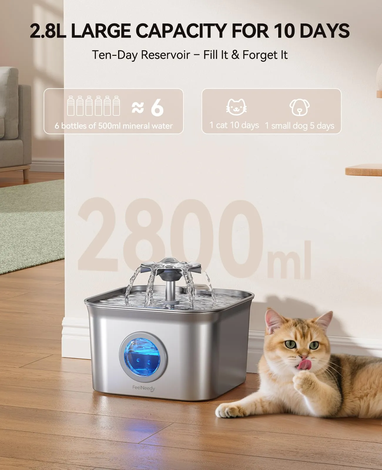 FEELNEEDY 2,8L Fontanella per Gatti Acciaio con 6 Filtri - immagine 2