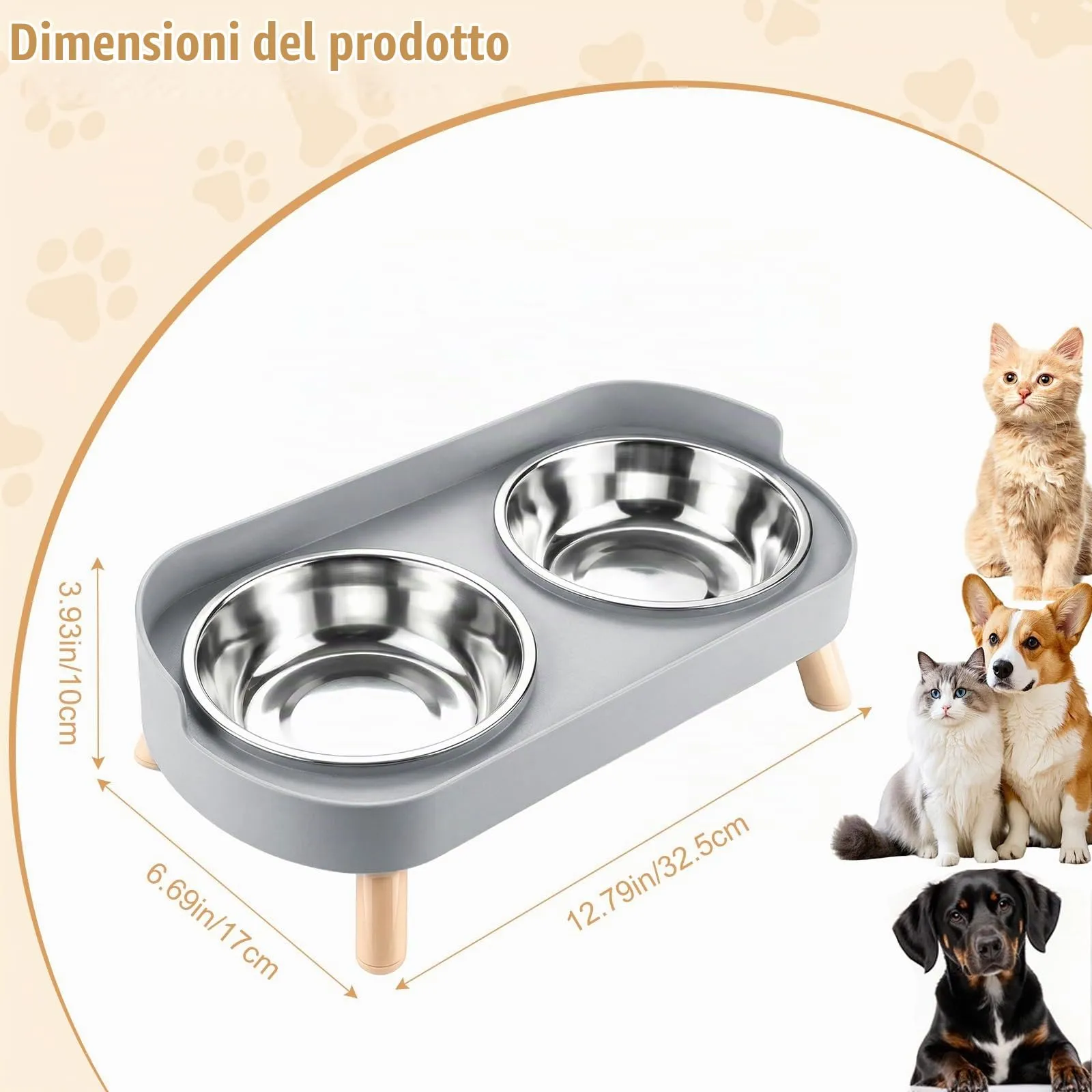 2 x set di ciotole rialzate per gatti, in acciaio inox, doppie ciotole per gatti con supporto e paraspruzzi, antiscivolo, set di ciotole da pasto e per l'acqua per gatti e cani di piccola taglia - immagine 2
