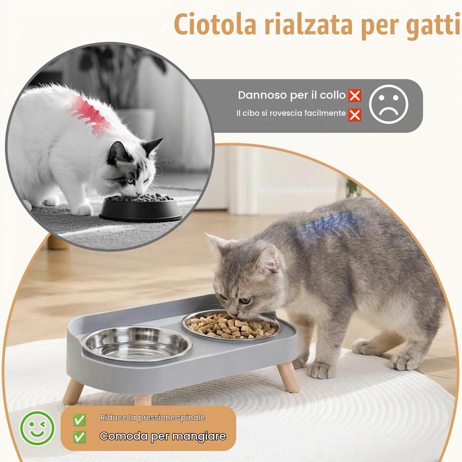 2 x set di ciotole rialzate per gatti, in acciaio inox, doppie ciotole per gatti con supporto e paraspruzzi, antiscivolo, set di ciotole da pasto e per l'acqua per gatti e cani di piccola taglia - immagine 3