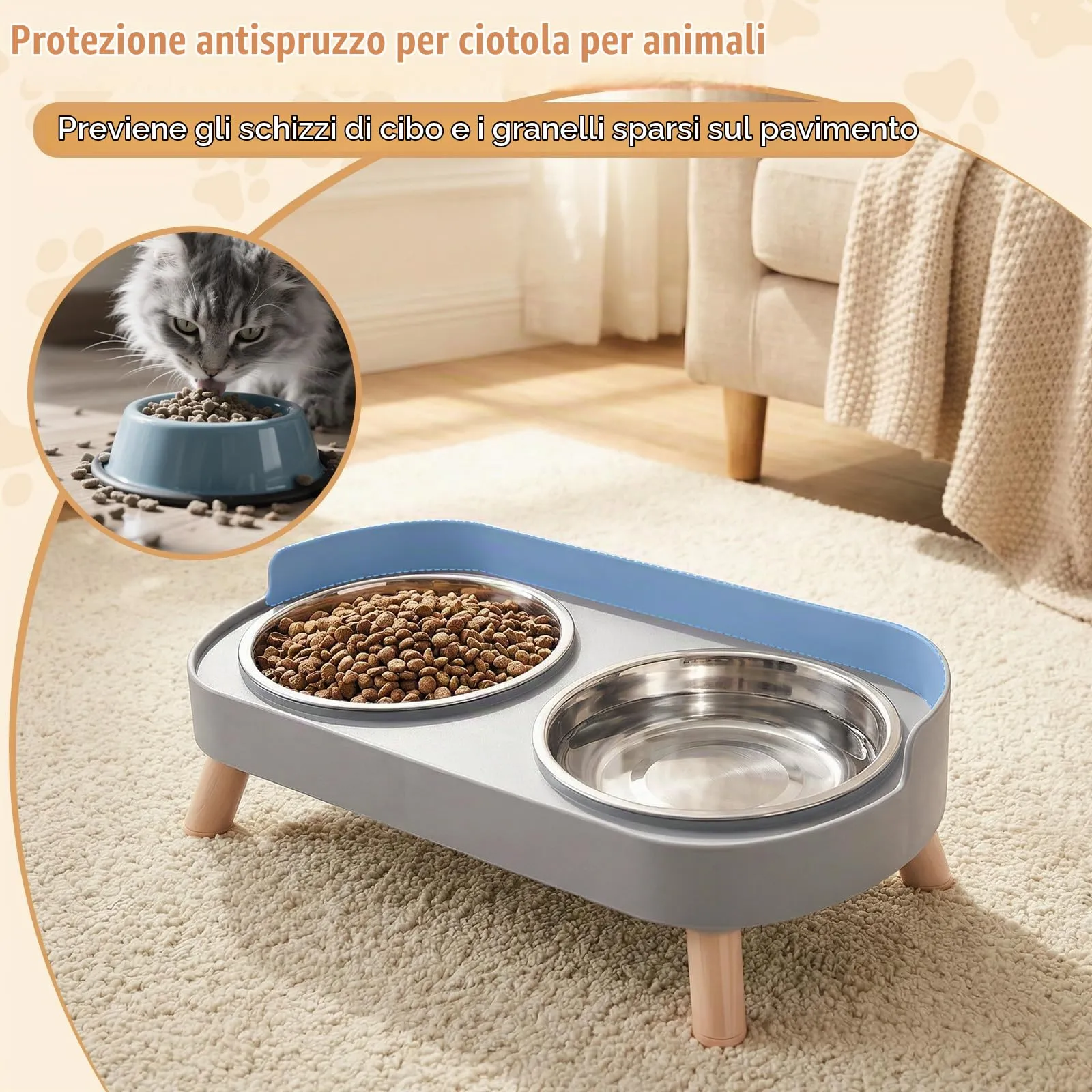 2 x set di ciotole rialzate per gatti, in acciaio inox, doppie ciotole per gatti con supporto e paraspruzzi, antiscivolo, set di ciotole da pasto e per l'acqua per gatti e cani di piccola taglia - immagine 4