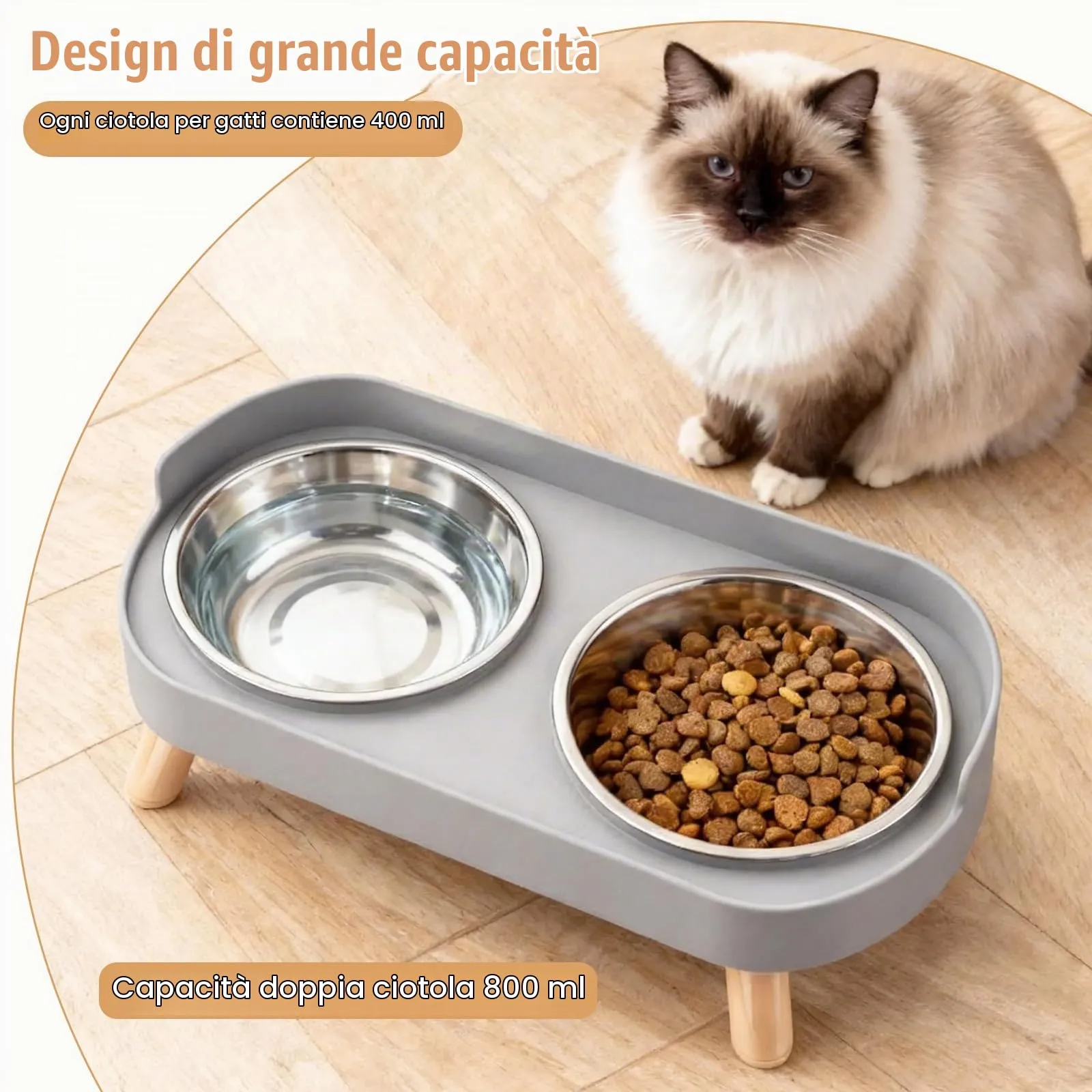 2 x set di ciotole rialzate per gatti, in acciaio inox, doppie ciotole per gatti con supporto e paraspruzzi, antiscivolo, set di ciotole da pasto e per l'acqua per gatti e cani di piccola taglia - immagine 5