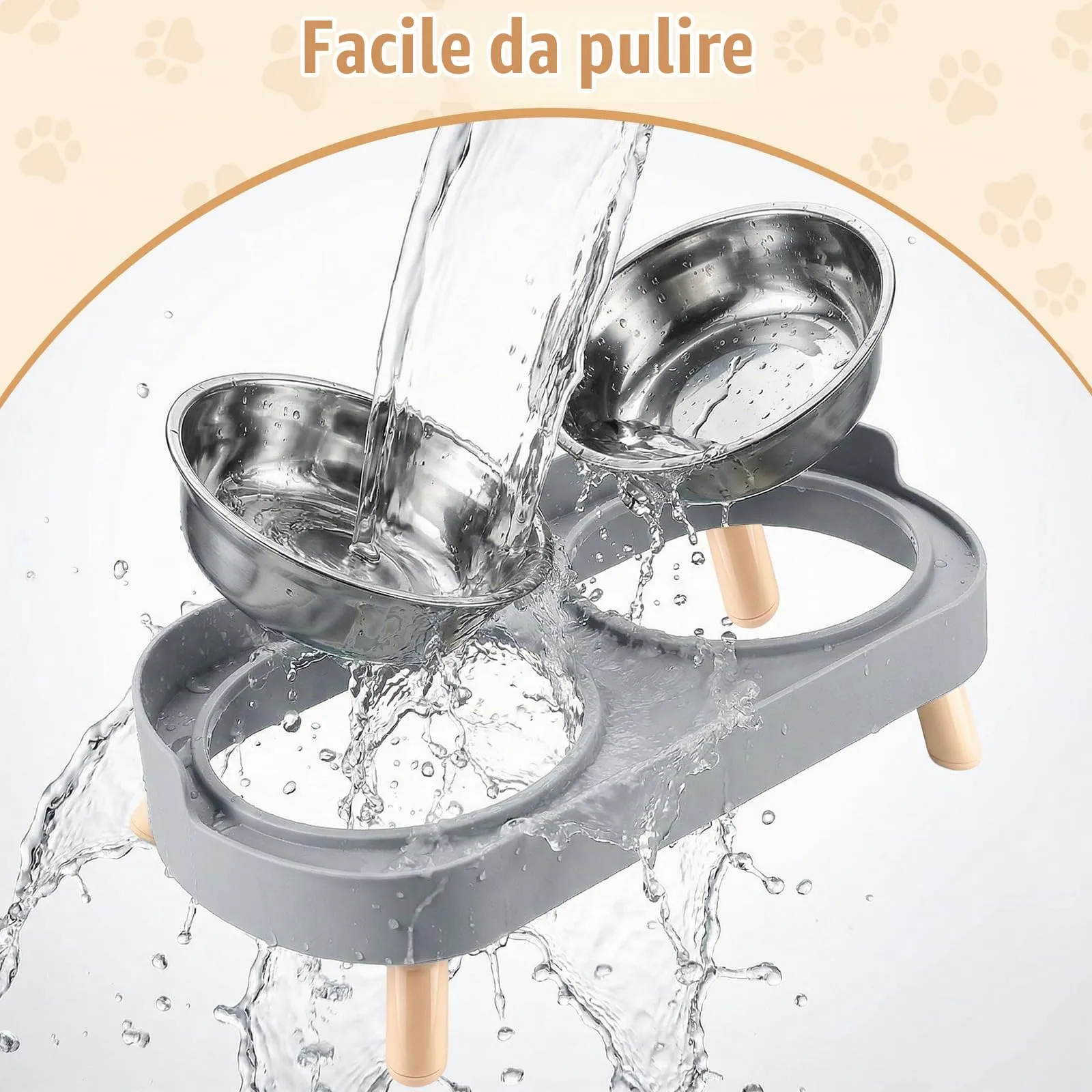 2 x set di ciotole rialzate per gatti, in acciaio inox, doppie ciotole per gatti con supporto e paraspruzzi, antiscivolo, set di ciotole da pasto e per l'acqua per gatti e cani di piccola taglia - immagine 6