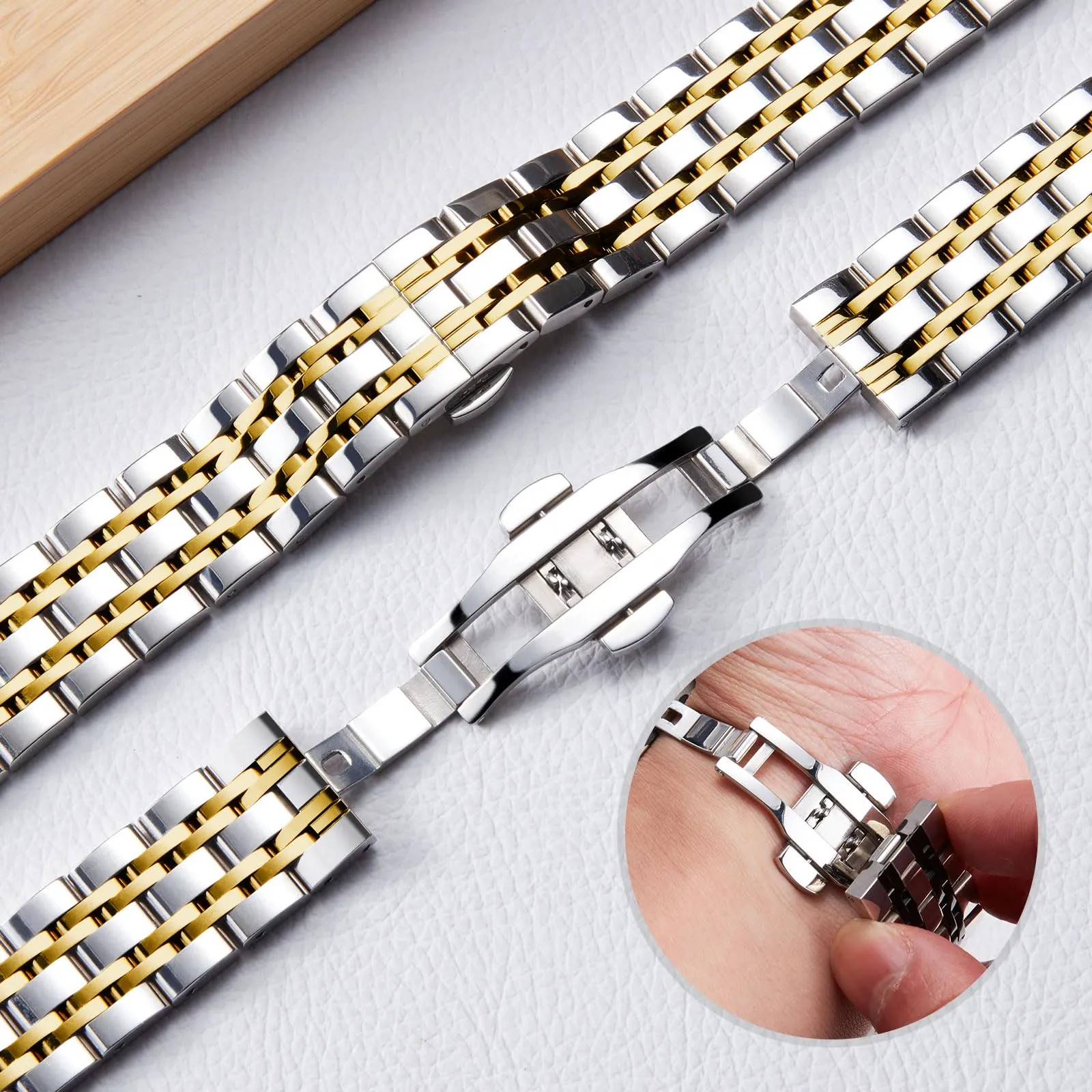 BINLUN Cinturino per Orologio in Acciaio Inossidabile, Oro-argento 24mm - immagine 2
