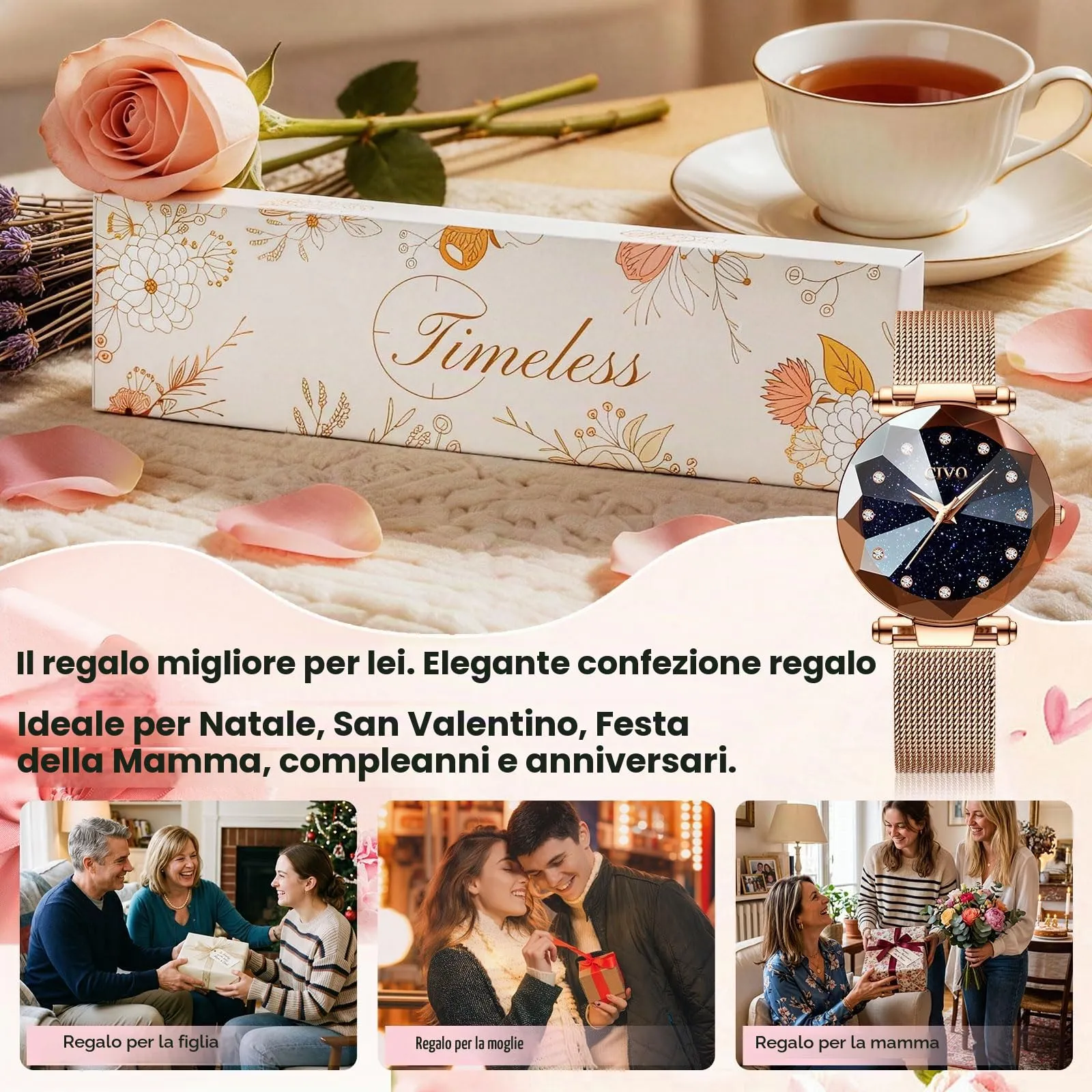 CIVO Orologio Donna Acciaio Inossidabile Oro Rosa Elegante da Polso Orologio Stelle Bracciale Analogico Quarzo Regalo - immagine 6