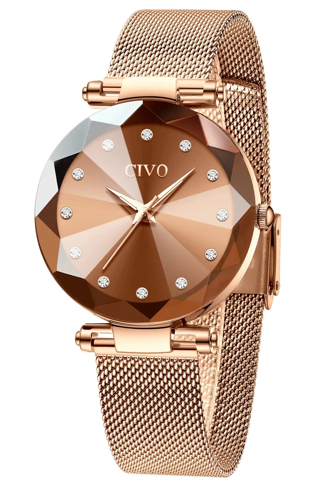CIVO Orologio Donna Acciaio Inossidabile Oro Rosa Analogico Elegante da Polso Orologio Stelle Bracciale Quarzo Regalo Marrone - immagine 1