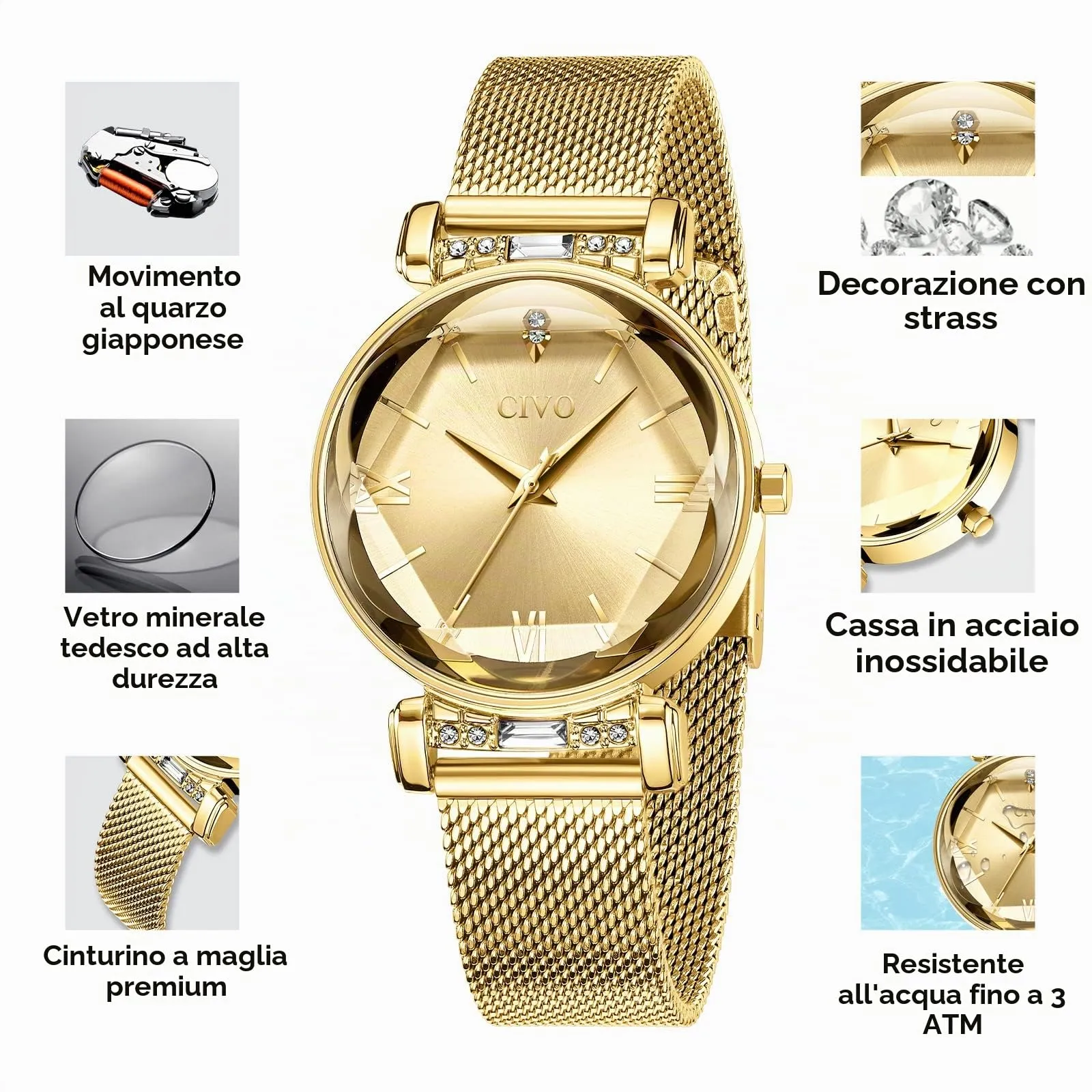 CIVO Orologio Donna Oro Acciaio Orologio Inossidabile Orologio da Donna Elegante Stelle Bracciale Analogico Quarzo Regalo - immagine 5