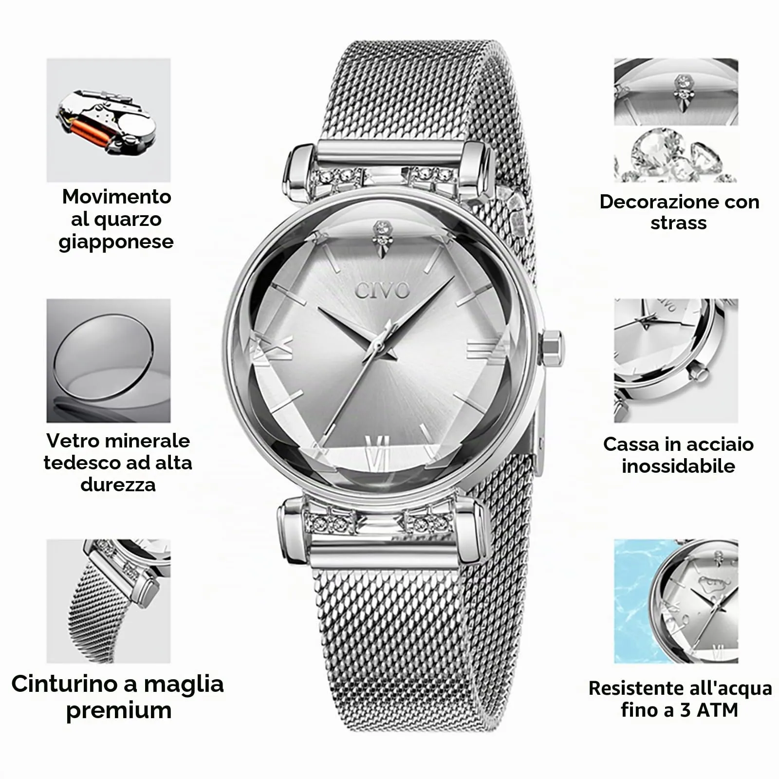 CIVO Orologio Donna Acciaio Inossidabile Orologio da Donna Argento Elegante Bracciale Analogico Quarzo Regalo - immagine 5