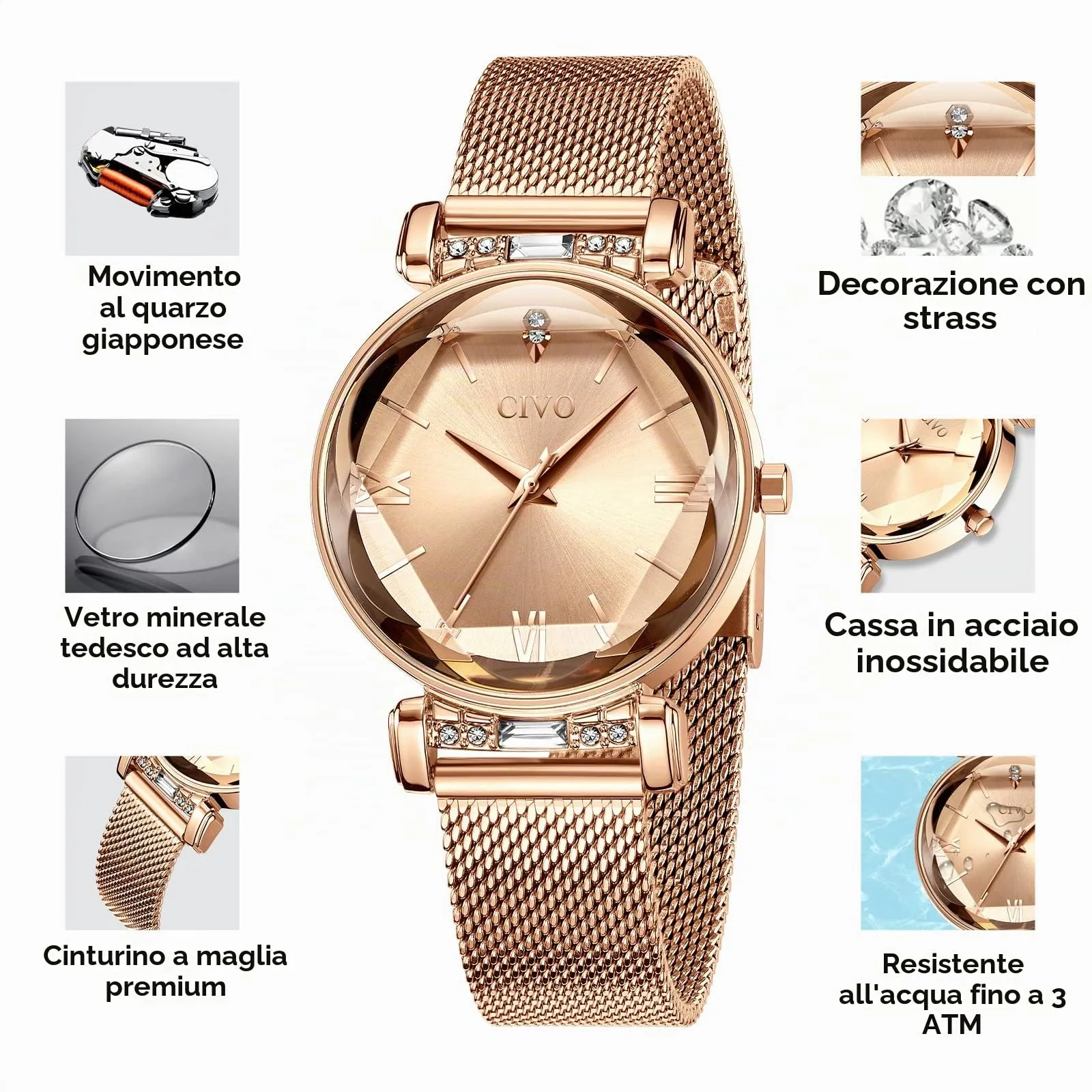 CIVO Orologio Donna Oro Rosa Elegante Stelle Bracciale Orologio da Donna Analogico Quarzo Regalo - immagine 5
