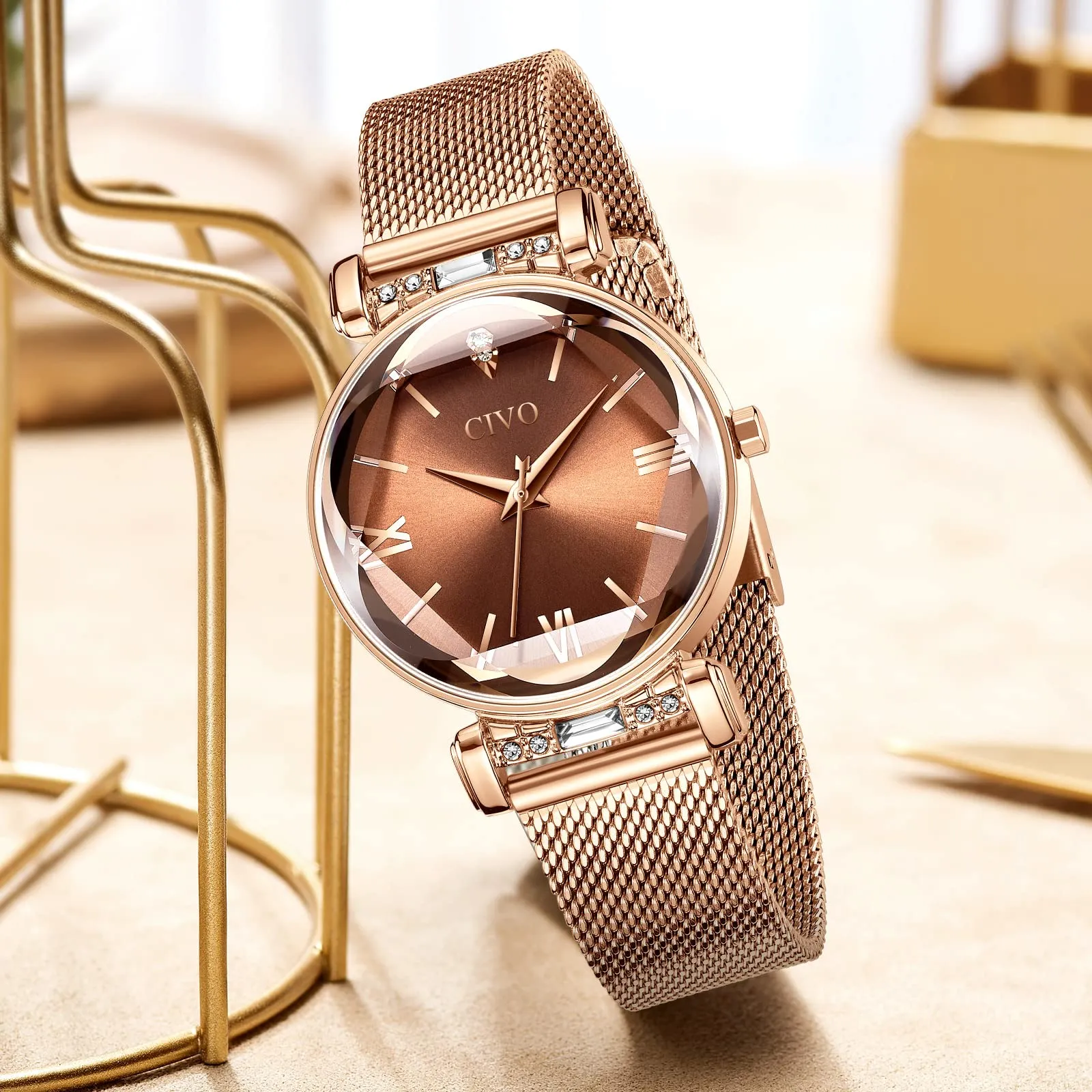 CIVO Orologio Donna Acciaio Inossidabile Elegante Stelle Bracciale Analogico Quarzo Regalo Marrone - immagine 4