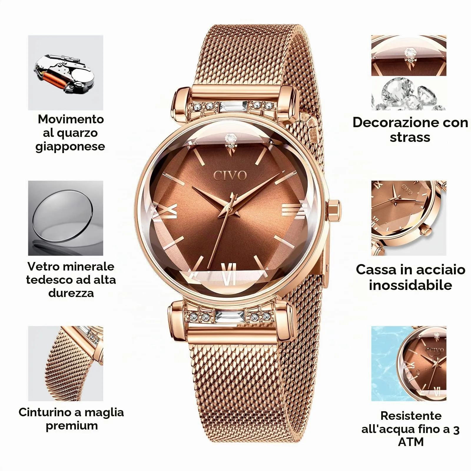 CIVO Orologio Donna Acciaio Inossidabile Elegante Stelle Bracciale Analogico Quarzo Regalo Marrone - immagine 5