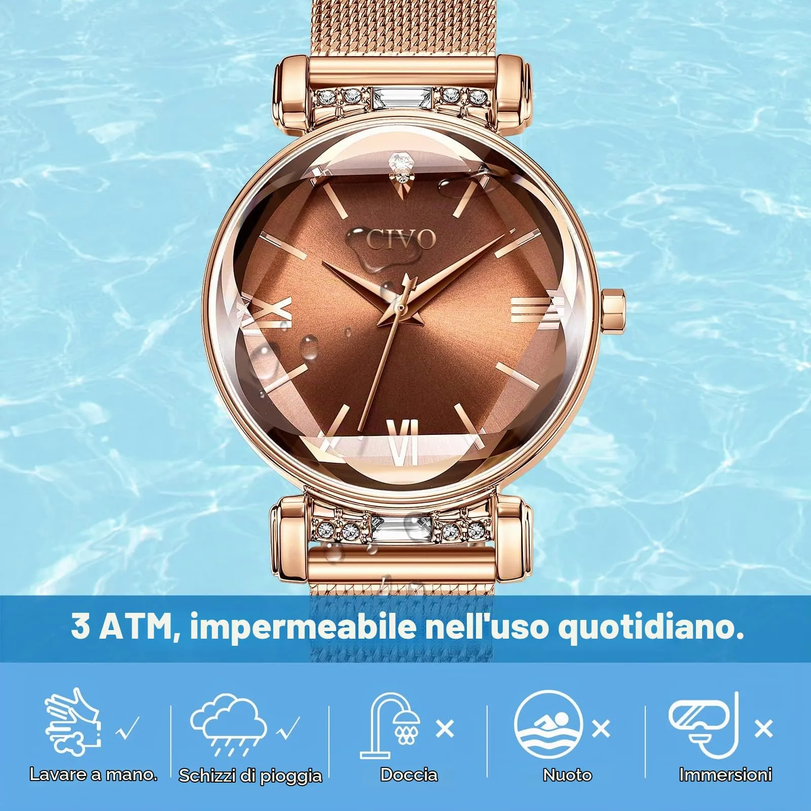 CIVO Orologio Donna Acciaio Inossidabile Elegante Stelle Bracciale Analogico Quarzo Regalo Marrone - immagine 6