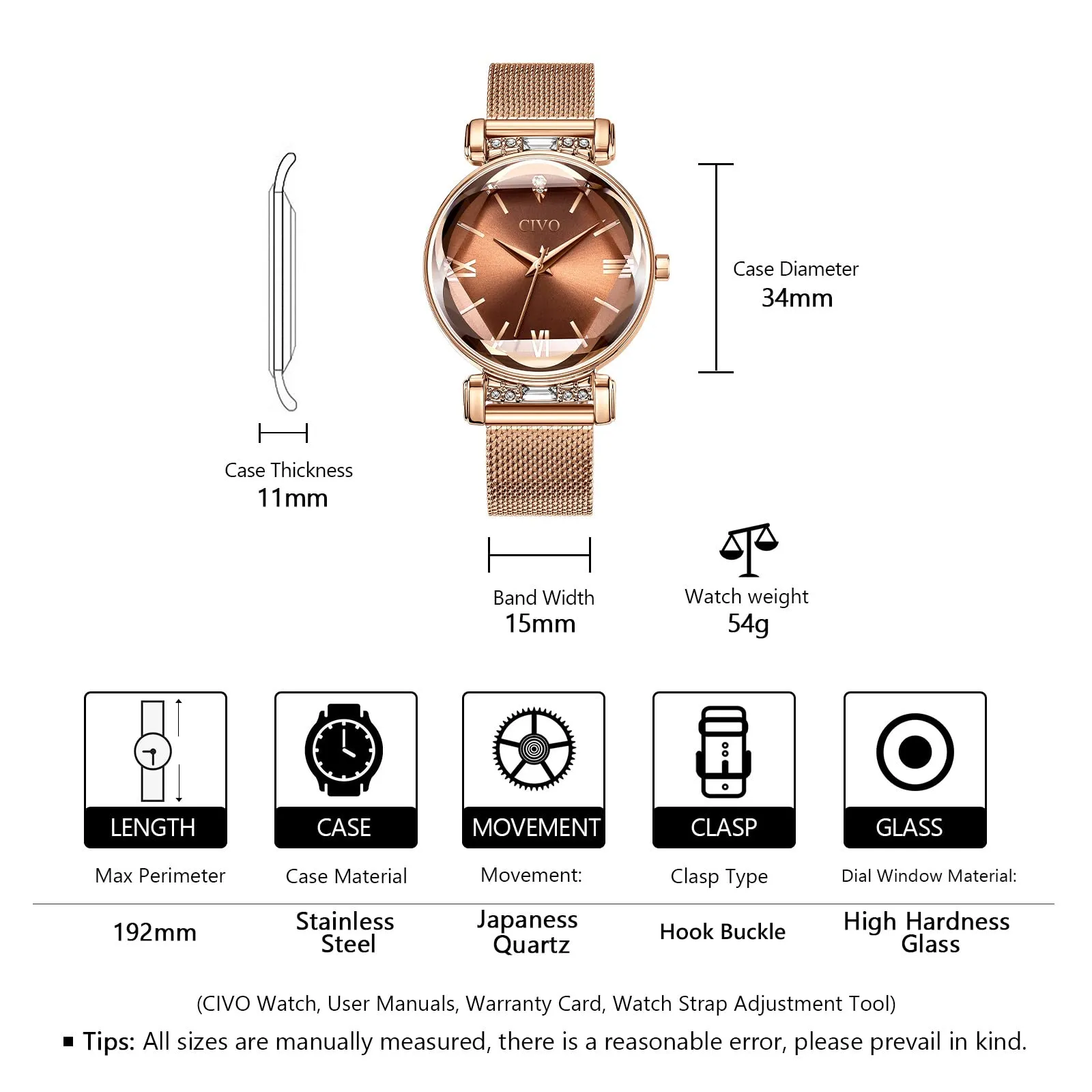 CIVO Orologio Donna Acciaio Inossidabile Elegante Stelle Bracciale Analogico Quarzo Regalo Marrone - immagine 7