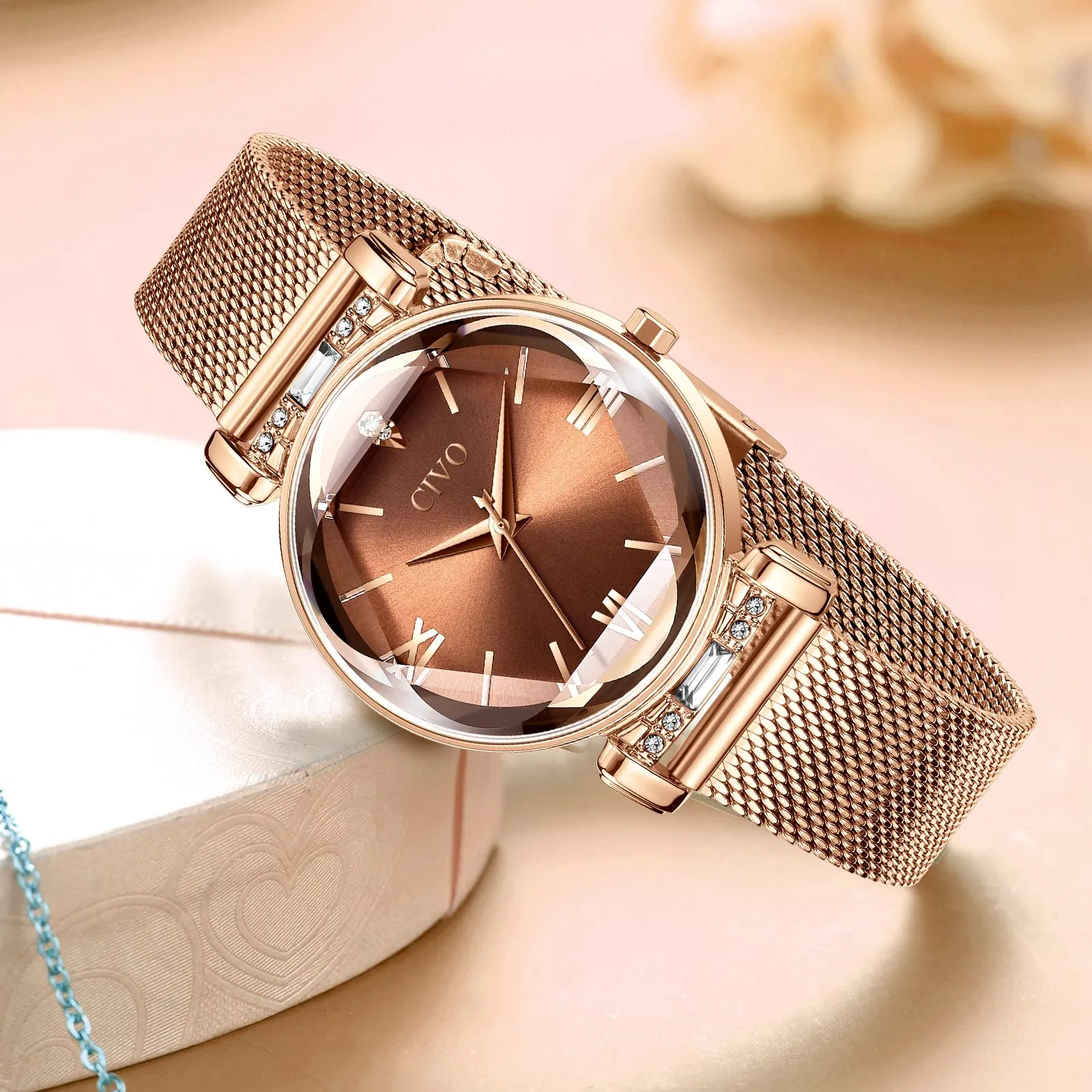 CIVO Orologio Donna Acciaio Inossidabile Elegante Stelle Bracciale Analogico Quarzo Regalo Marrone - immagine 8