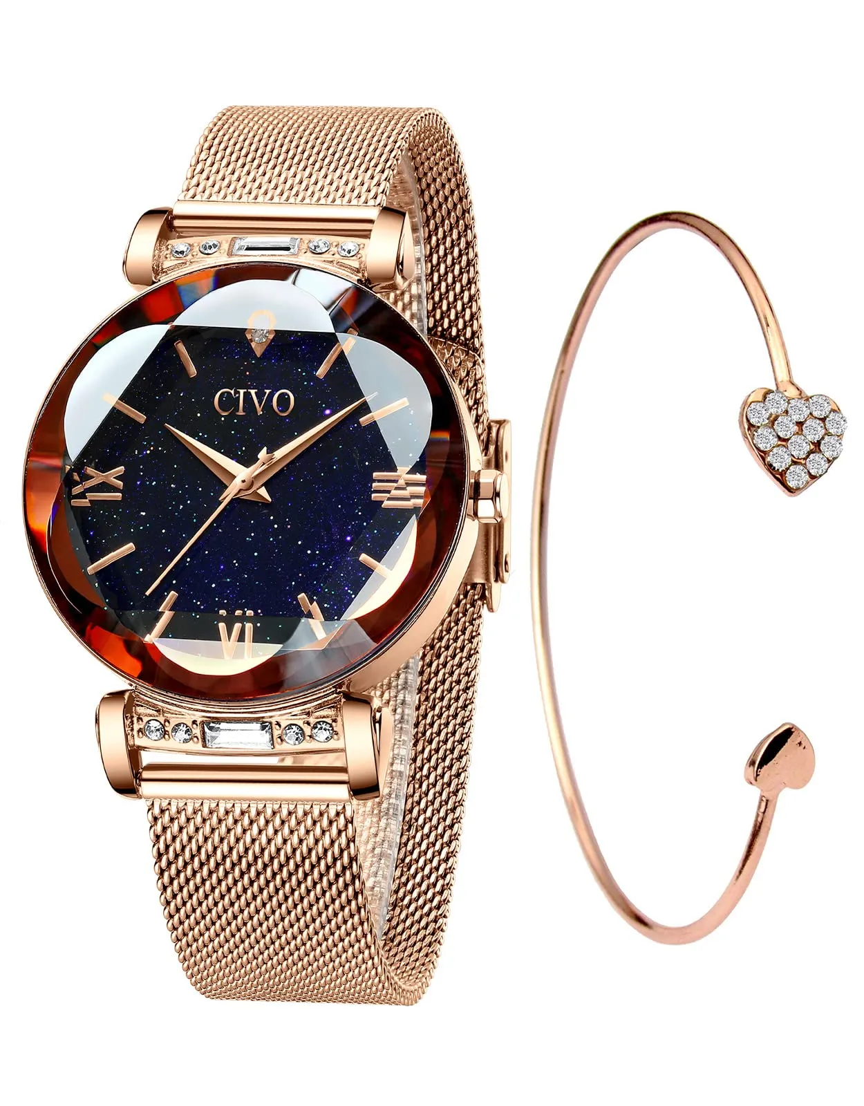 CIVO Orologio Donna Set Oro Rosa Orologio da Polso Donna Impermeabile in Maglia Acciaio Inossidabile Analogico Elegante Design Cielo Stellato - immagine 1