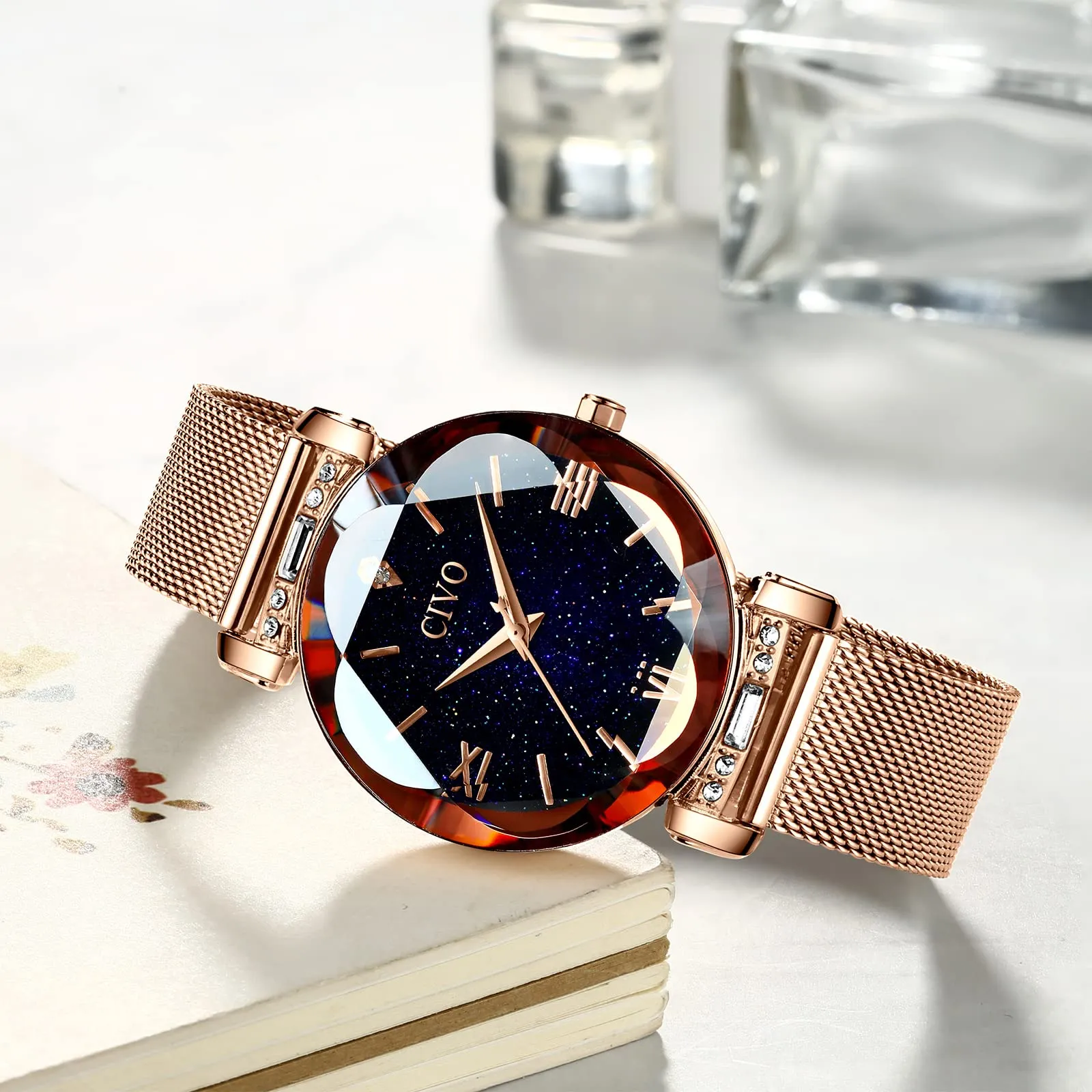 CIVO Orologio Donna Set Oro Rosa Orologio da Polso Donna Impermeabile in Maglia Acciaio Inossidabile Analogico Elegante Design Cielo Stellato - immagine 2