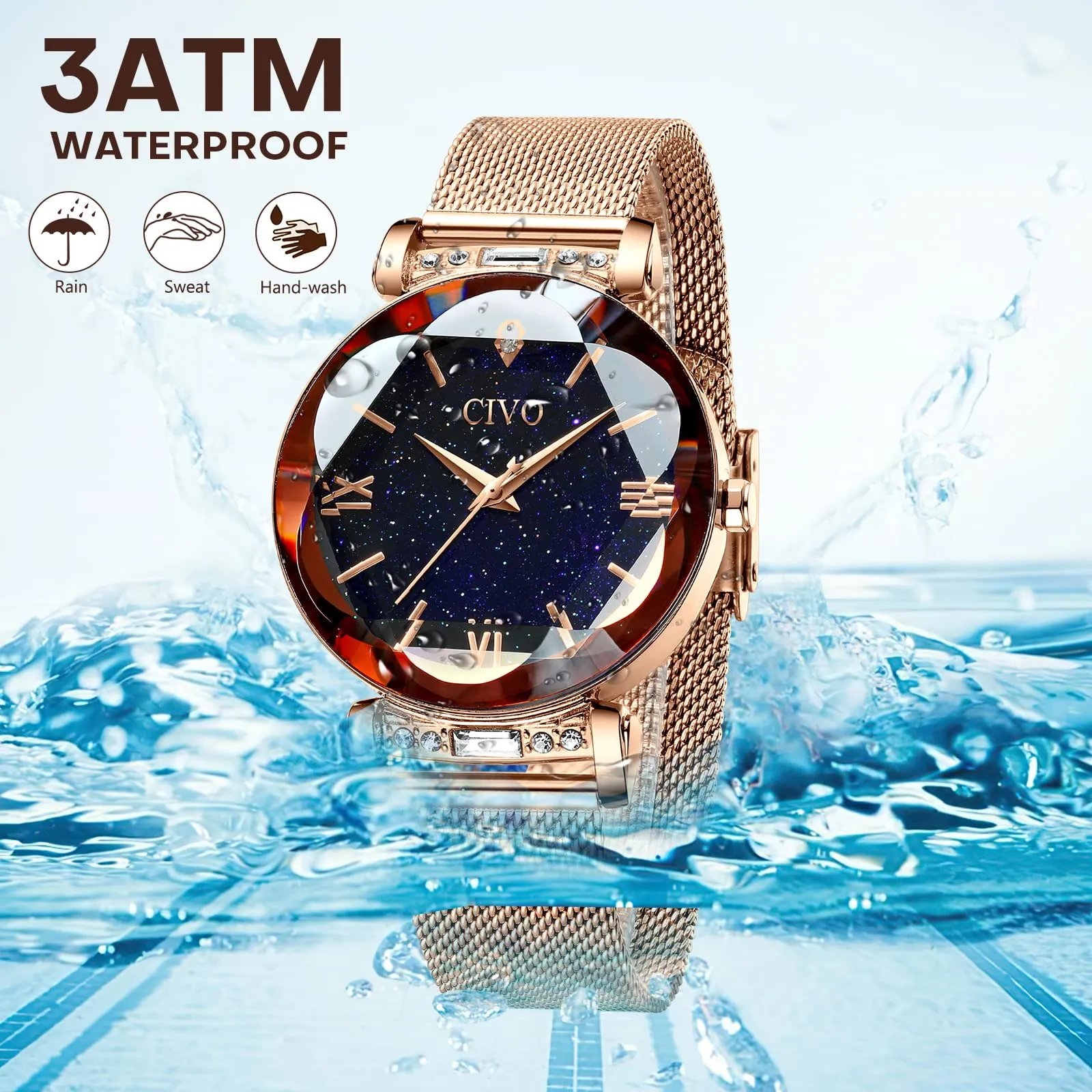 CIVO Orologio Donna Set Oro Rosa Orologio da Polso Donna Impermeabile in Maglia Acciaio Inossidabile Analogico Elegante Design Cielo Stellato - immagine 3